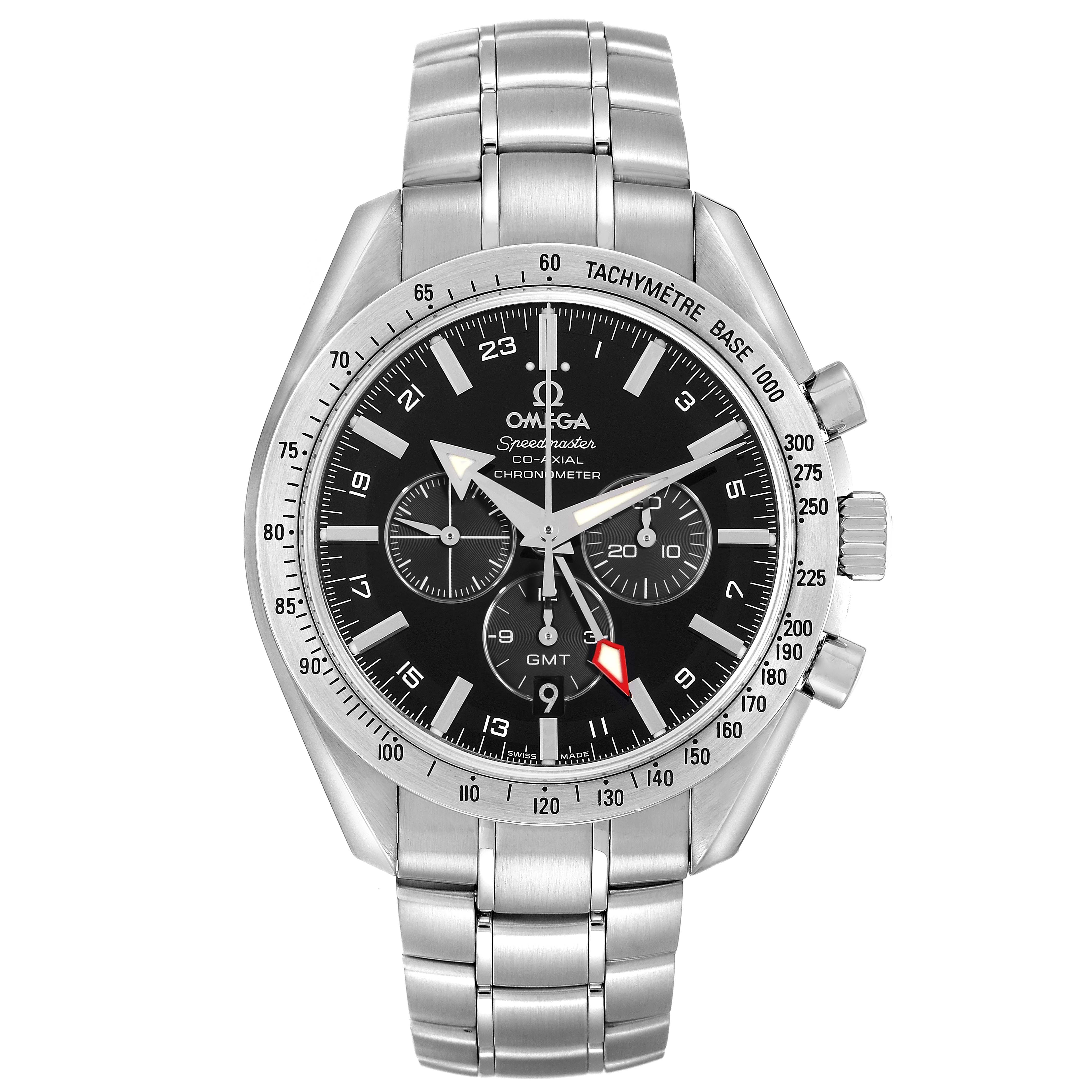 The Omega Speedmaster model 3581.50.00 men
s watch is shown from the front, displaying its dial, tachymeter bezel, sub-dials, and stainless steel bracelet.