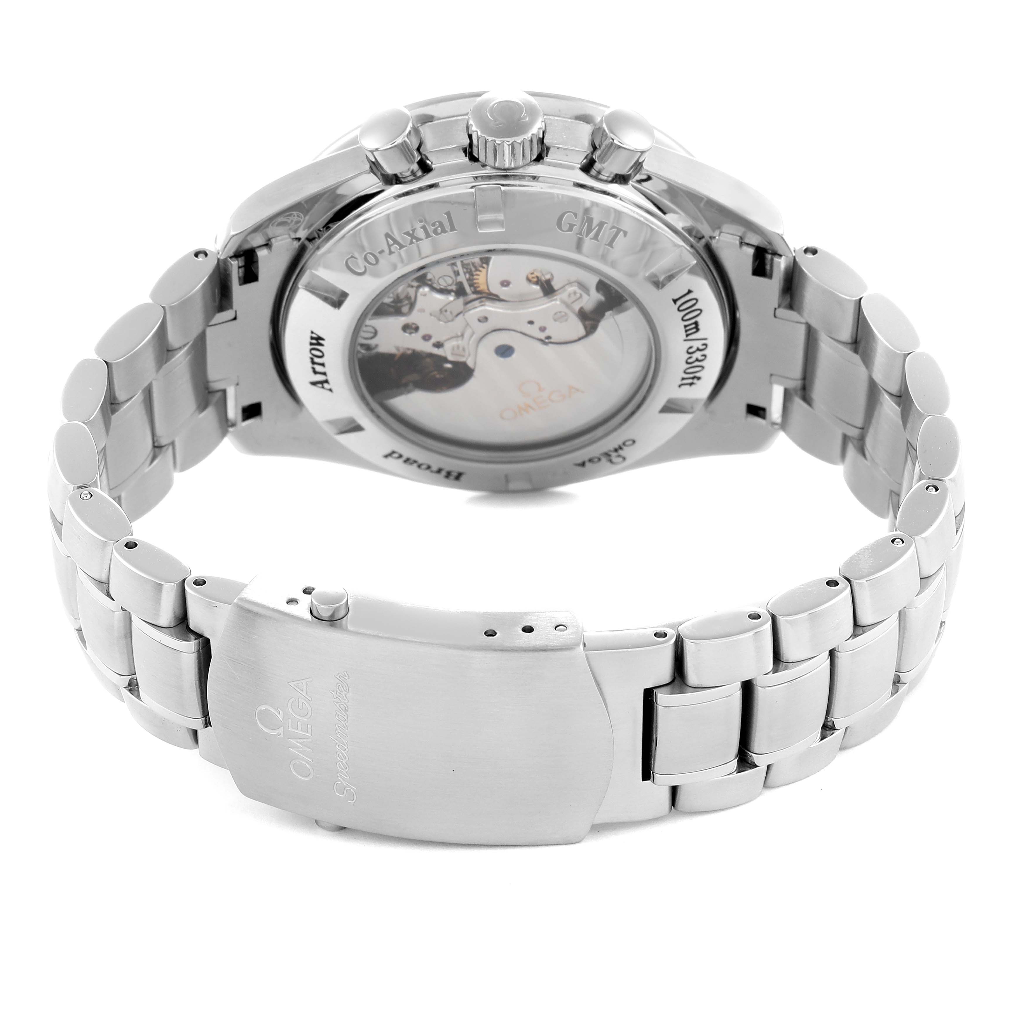 The image shows the Omega Speedmaster model 3581.50.00 from the back angle, highlighting the case back, bracelet, clasp, and movement details.