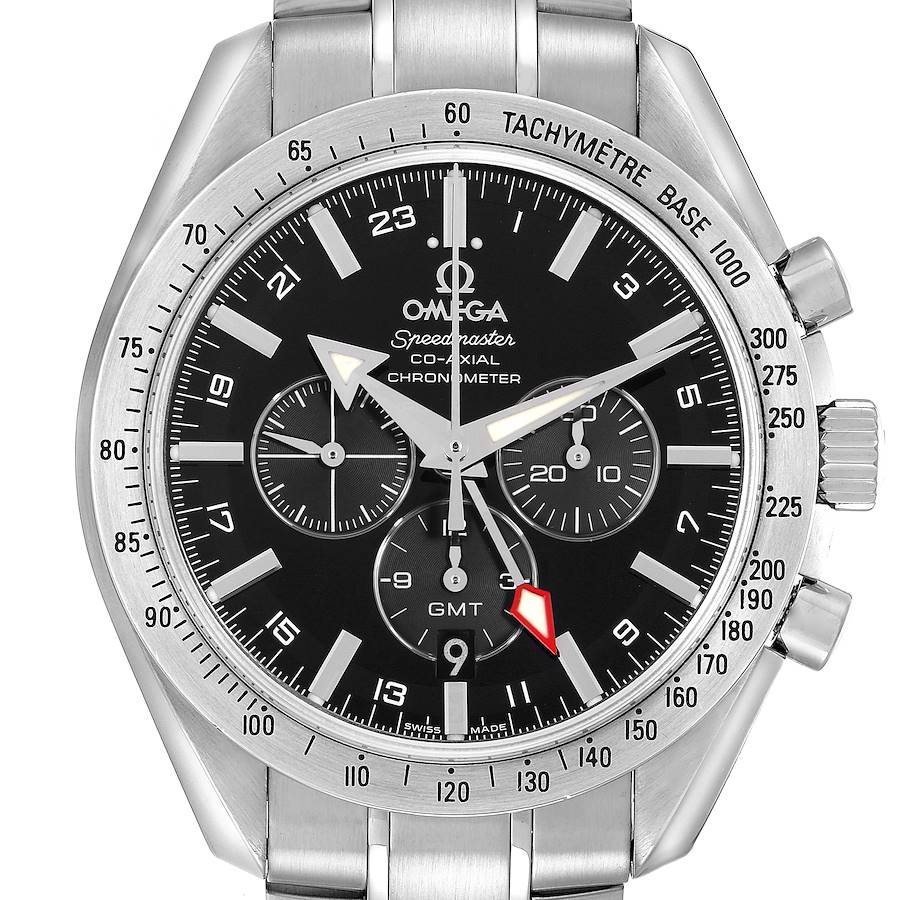 The Omega Speedmaster model 3581.50.00 is shown from a front angle, highlighting its black dial, chronograph subdials, tachymeter bezel, and stainless steel bracelet.