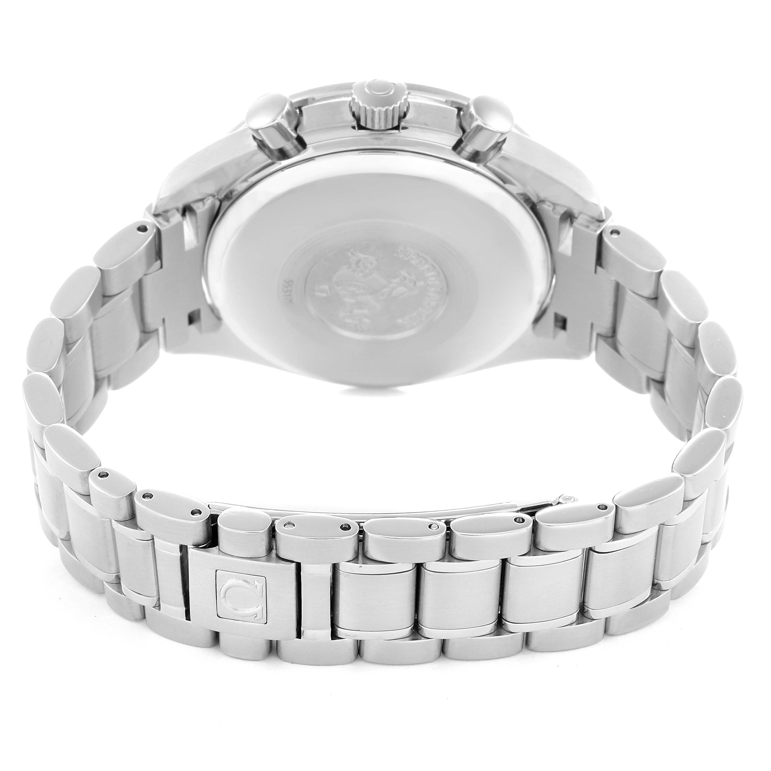 The image shows the back view of an Omega Speedmaster 3520.53.00 men
s watch, highlighting the case back, crown, pushers, and the metal bracelet.