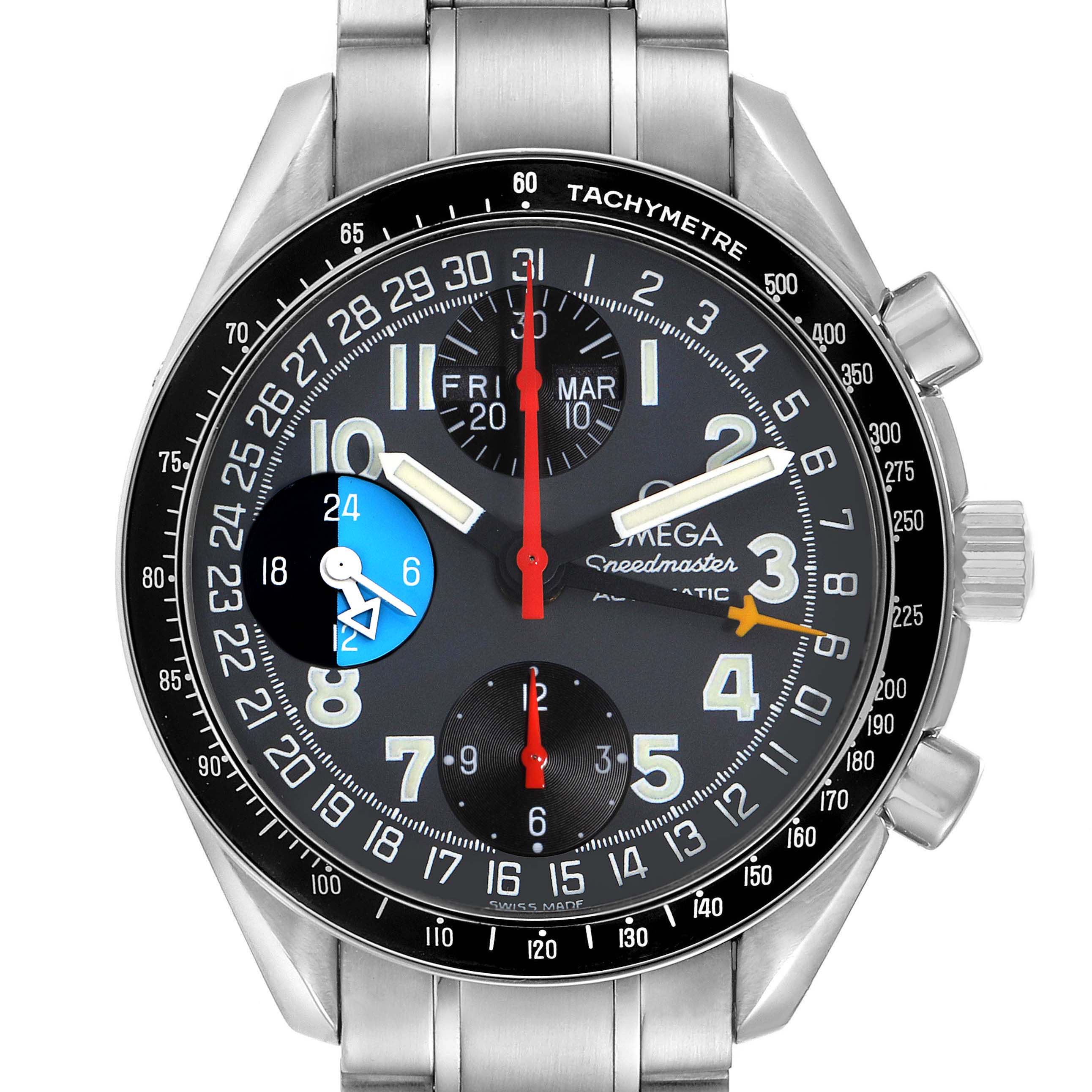 The image shows a front view of the Omega Speedmaster model 3520.53.00, displaying the watch face, subdials, bezel with tachymeter, and crown.