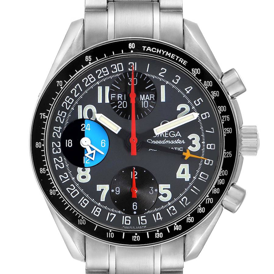 The image shows a front view of the Omega Speedmaster model 3520.53.00, displaying the watch face, subdials, bezel with tachymeter, and crown.