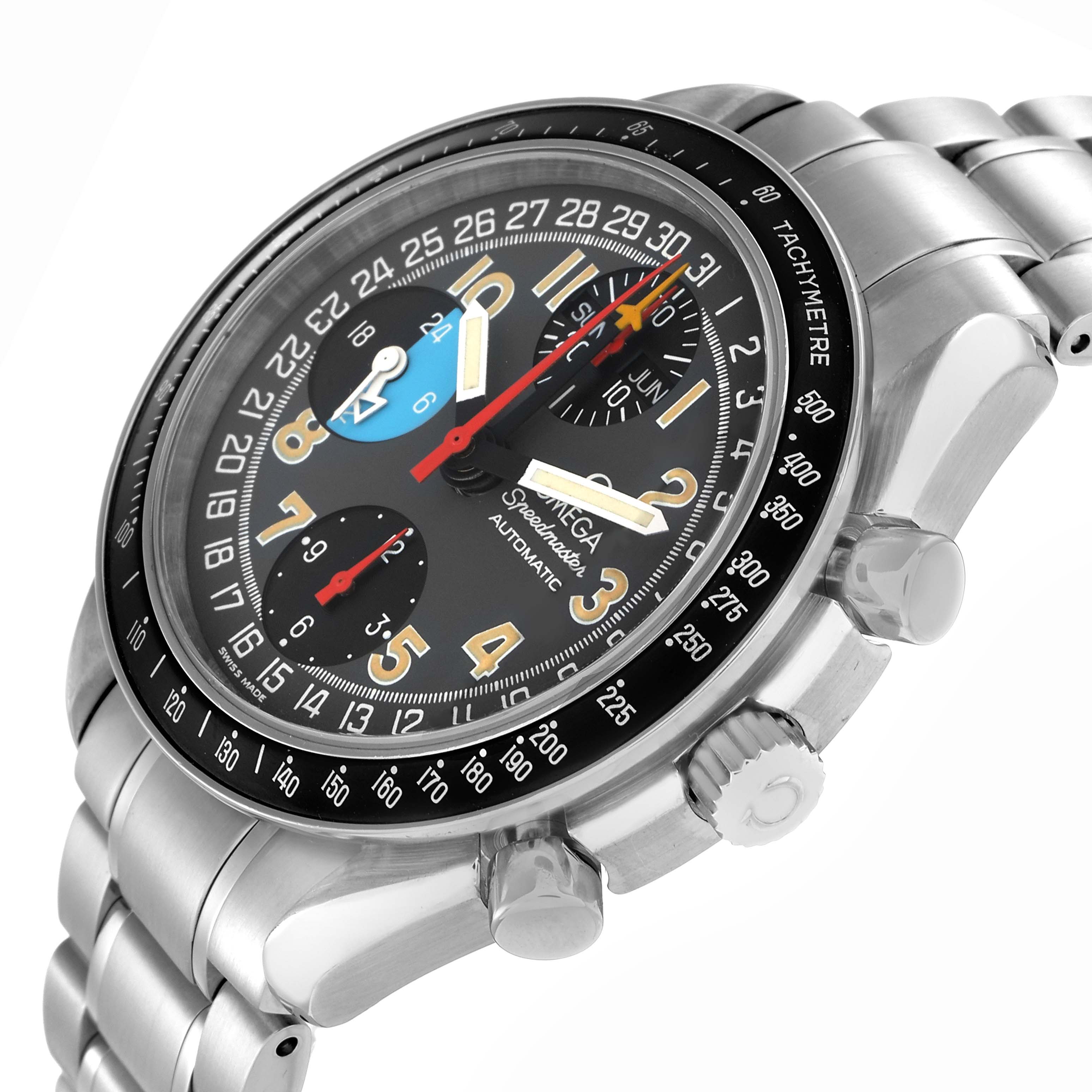 The Omega Speedmaster model 3520.53.00 is shown from a side angle, displaying its bezel, dial, crown, pushers, and stainless steel bracelet.