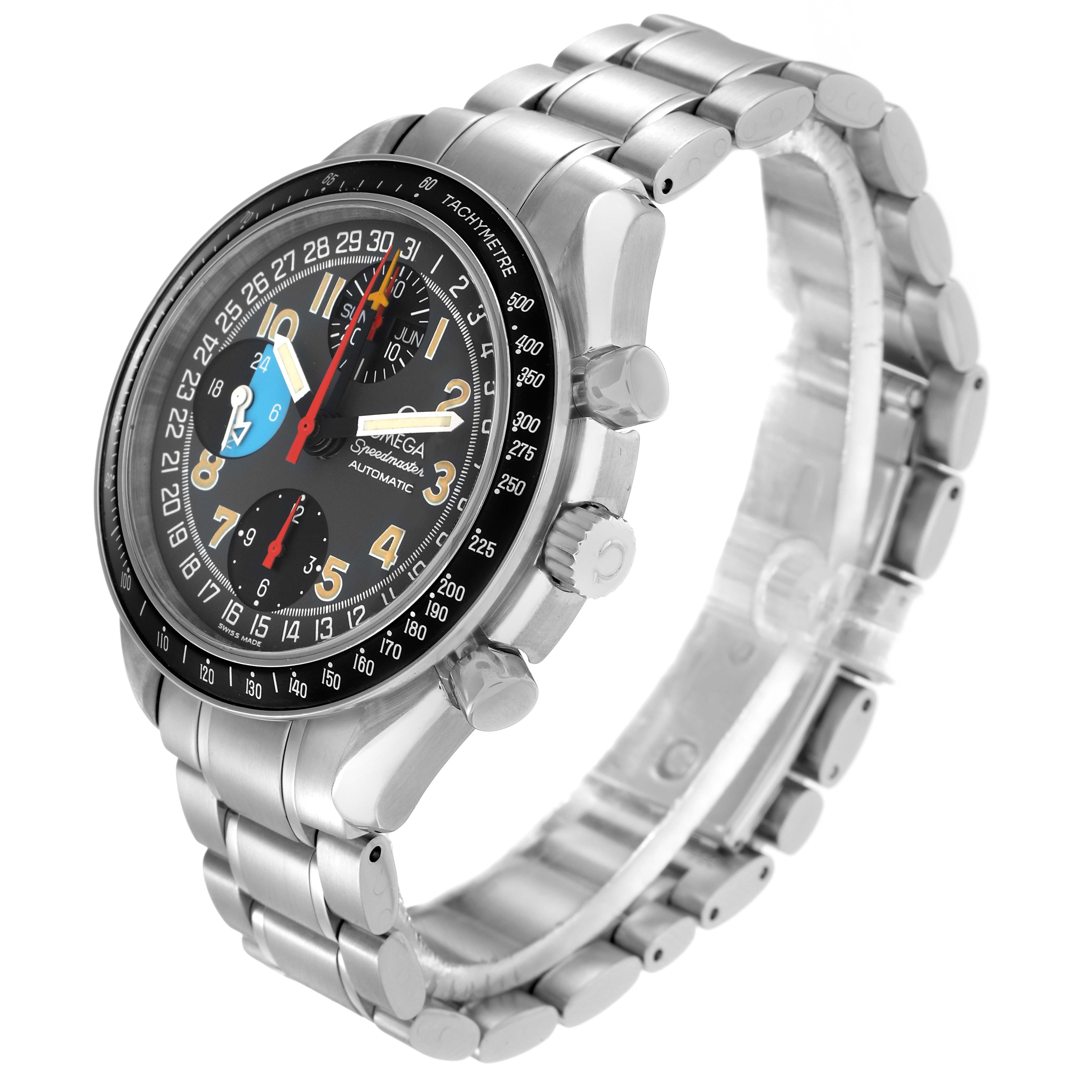 The Omega Speedmaster model 3520.53.00 is shown at a three-quarter angle, displaying the face, bezel, pushers, crown, and stainless steel bracelet.