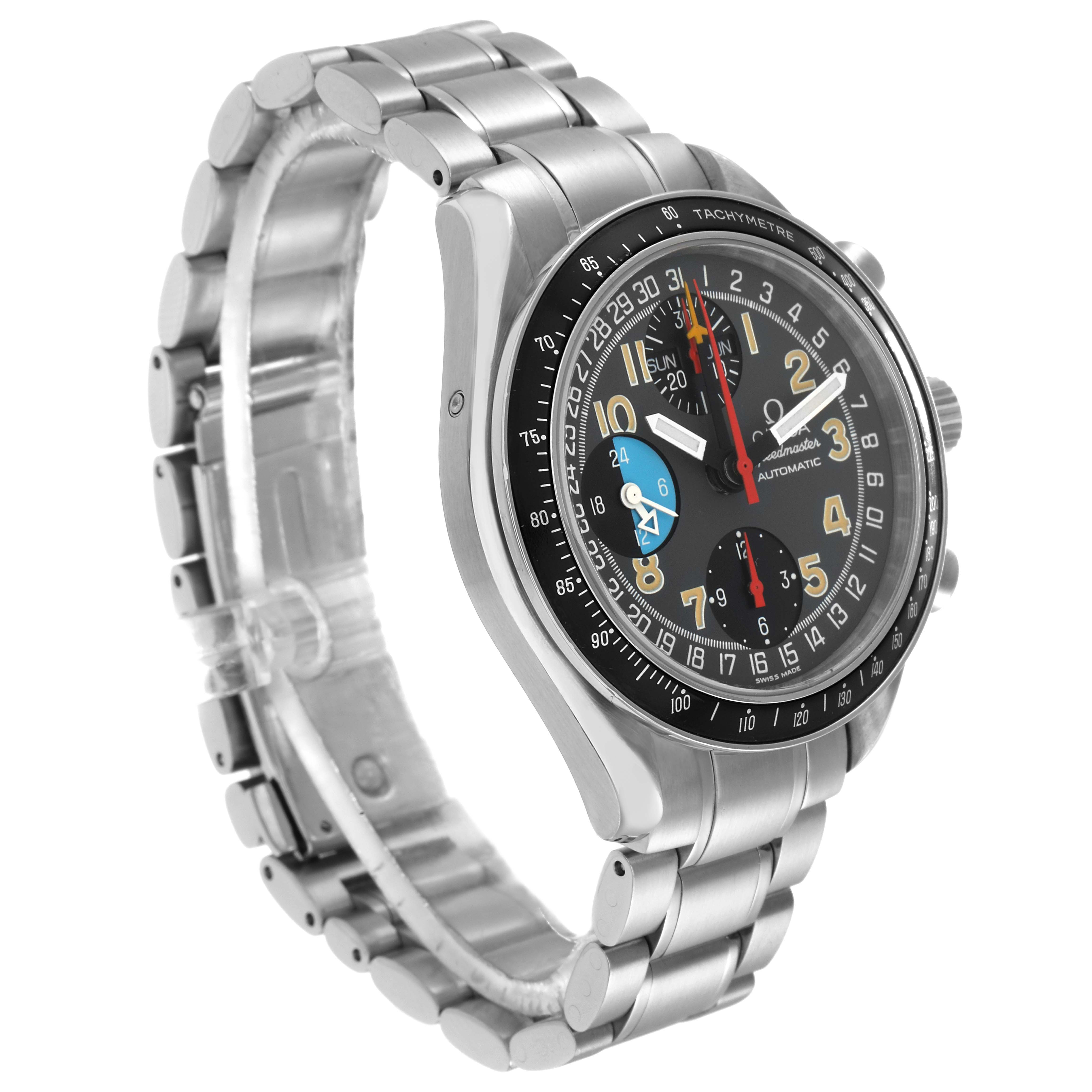 The Omega Speedmaster model 3520.53.00 men
s watch is shown at a three-quarter angle, highlighting the face, bezel, and stainless steel bracelet.