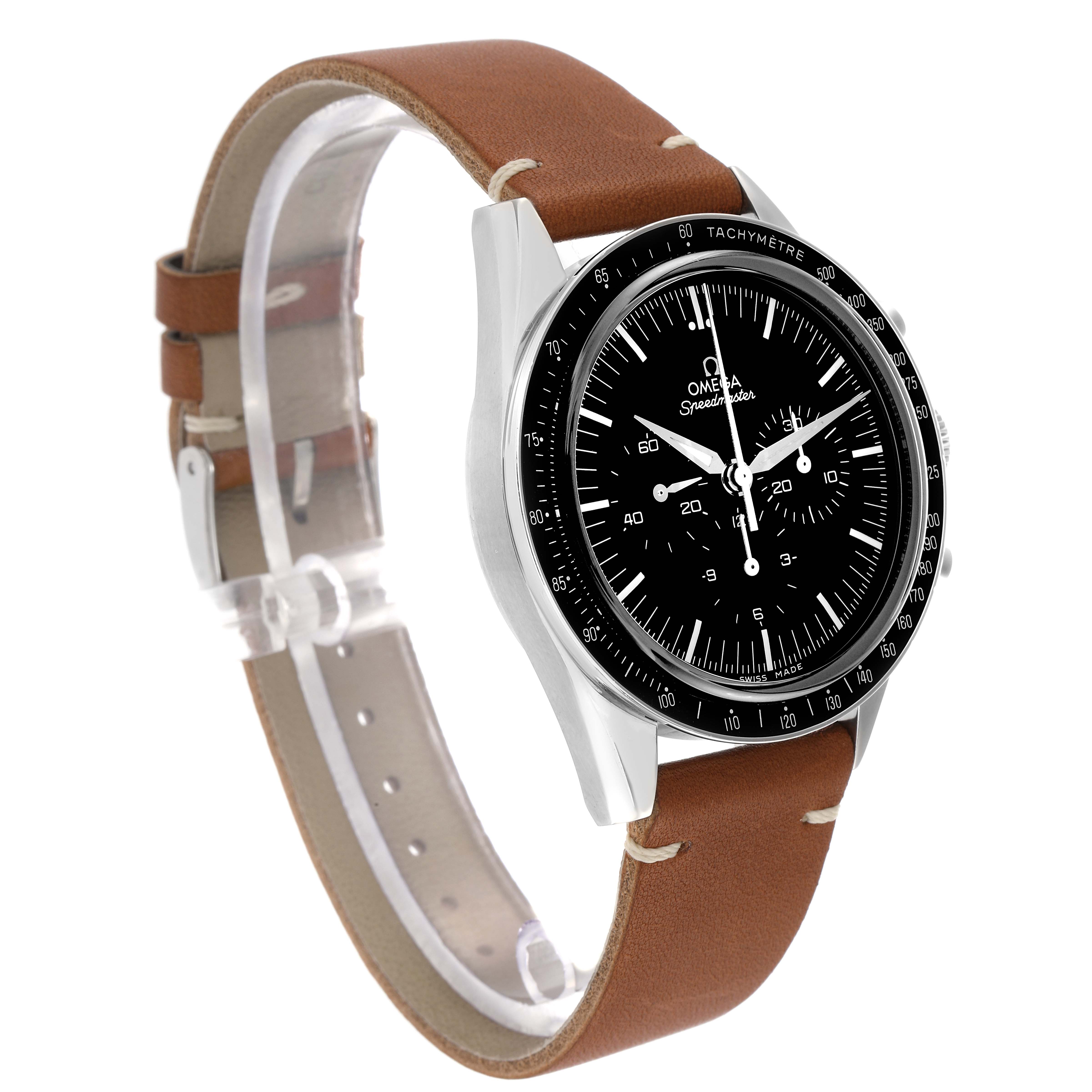The Omega Speedmaster model 311.32.40.30.01.001 is shown at a three-quarter angle, displaying its black dial, tachymeter bezel, and brown leather strap.