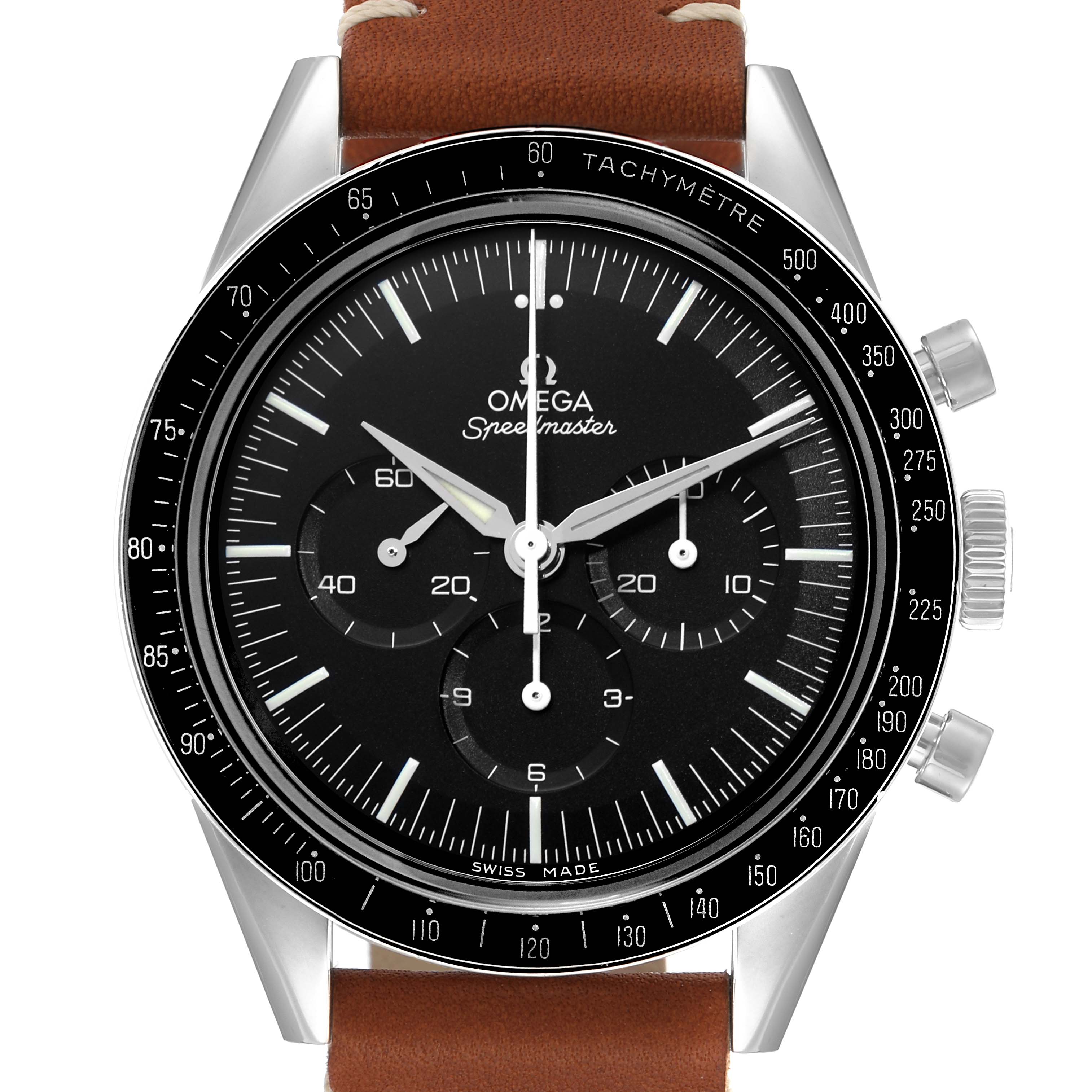 The Omega Speedmaster model 311.32.40.30.01.001 is shown from a front angle, displaying the watch face, bezel, and brown strap.