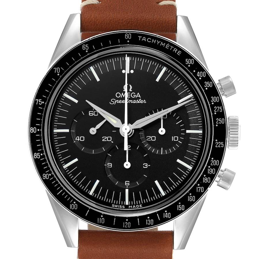 The Omega Speedmaster model 311.32.40.30.01.001 is shown from a front angle, displaying the watch face, bezel, and brown strap.