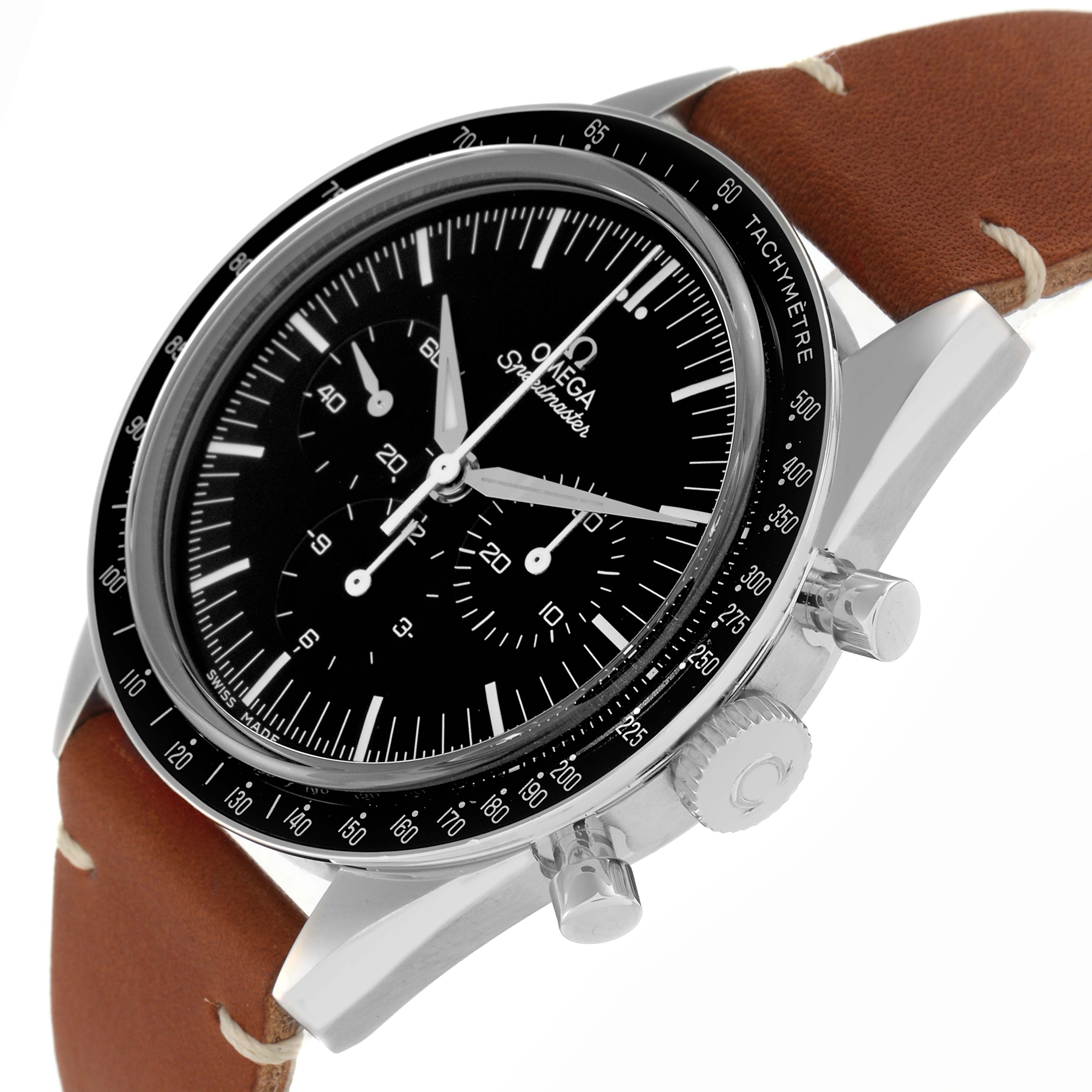 The Omega Speedmaster model 311.32.40.30.01.001 is shown at an angle highlighting the dial, tachymeter bezel, crown, pushers, and brown leather strap.