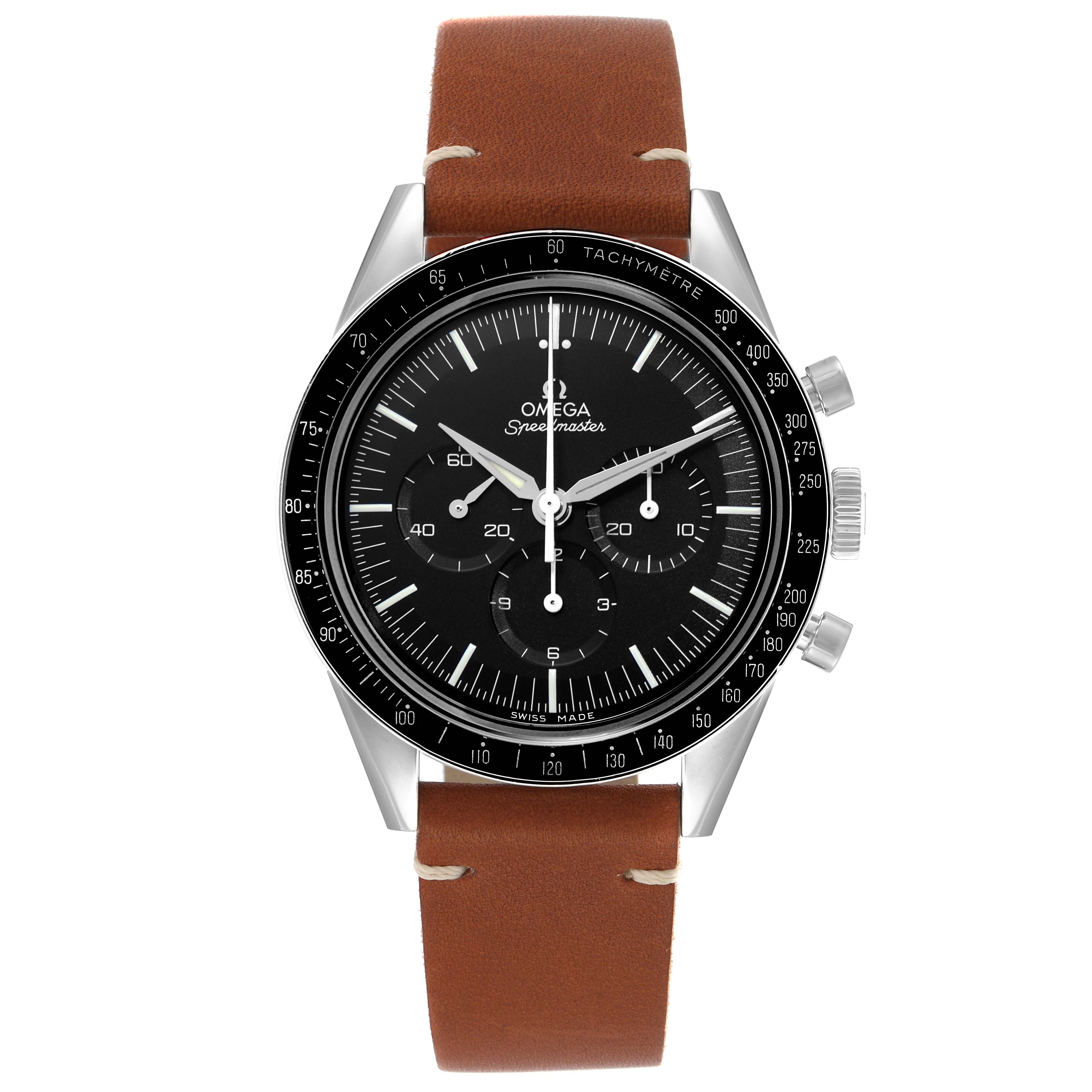 The Omega Speedmaster model 311.32.40.30.01.001 is shown from the front, displaying the dial, tachymeter bezel, pushers, crown, and brown leather strap.