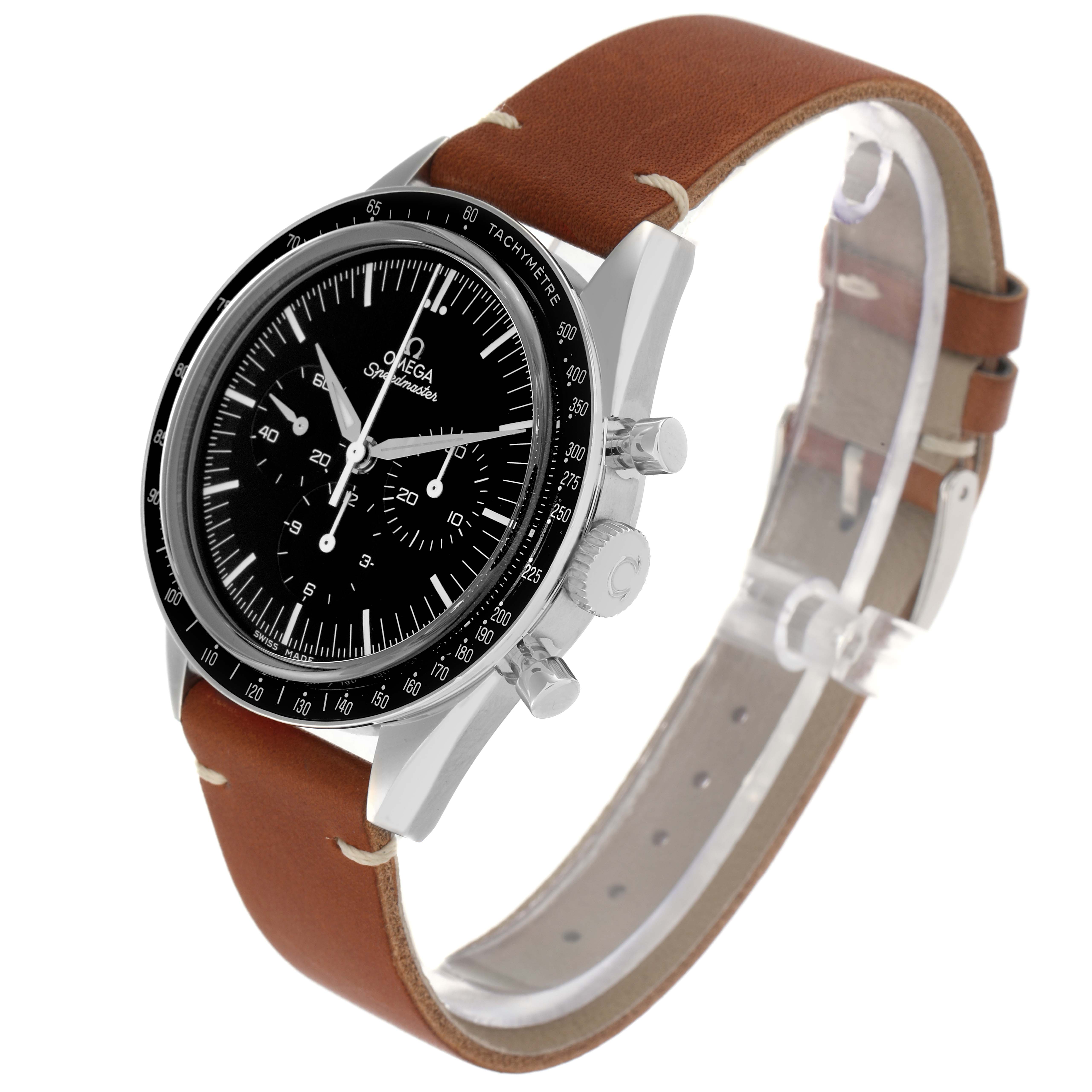 The Omega Speedmaster model 311.32.40.30.01.001 is shown at a front angle, displaying its black dial, tachymeter bezel, brown leather strap, and side pushers.