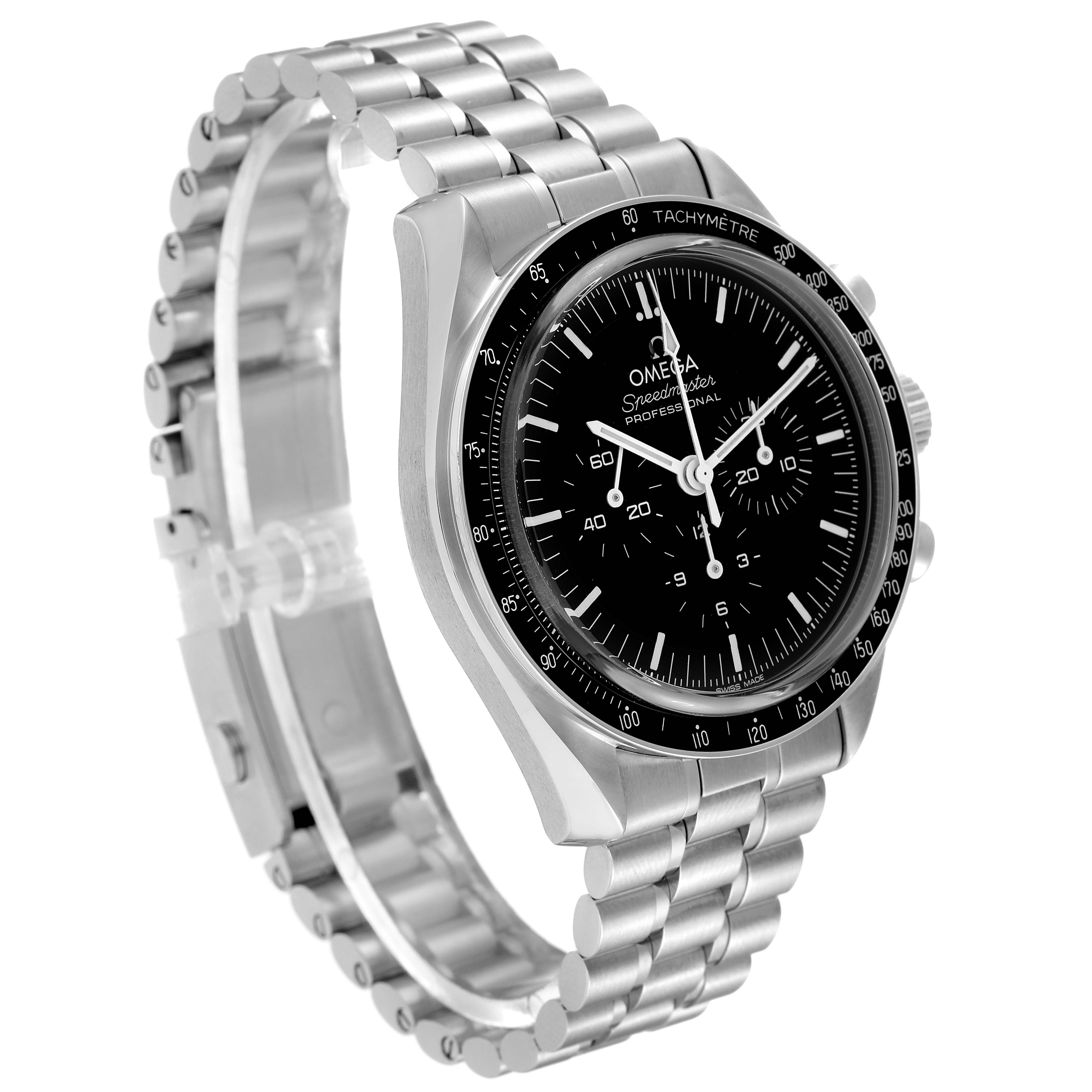 The image shows a side angle of an Omega Speedmaster 310.30.42.50.01.002 Men
s Stainless Steel Black Dial 310.30.42.50.01.002 Men
s Stainless Steel Black Dial watch, highlighting its black dial, tachymeter bezel, and metal bracelet.