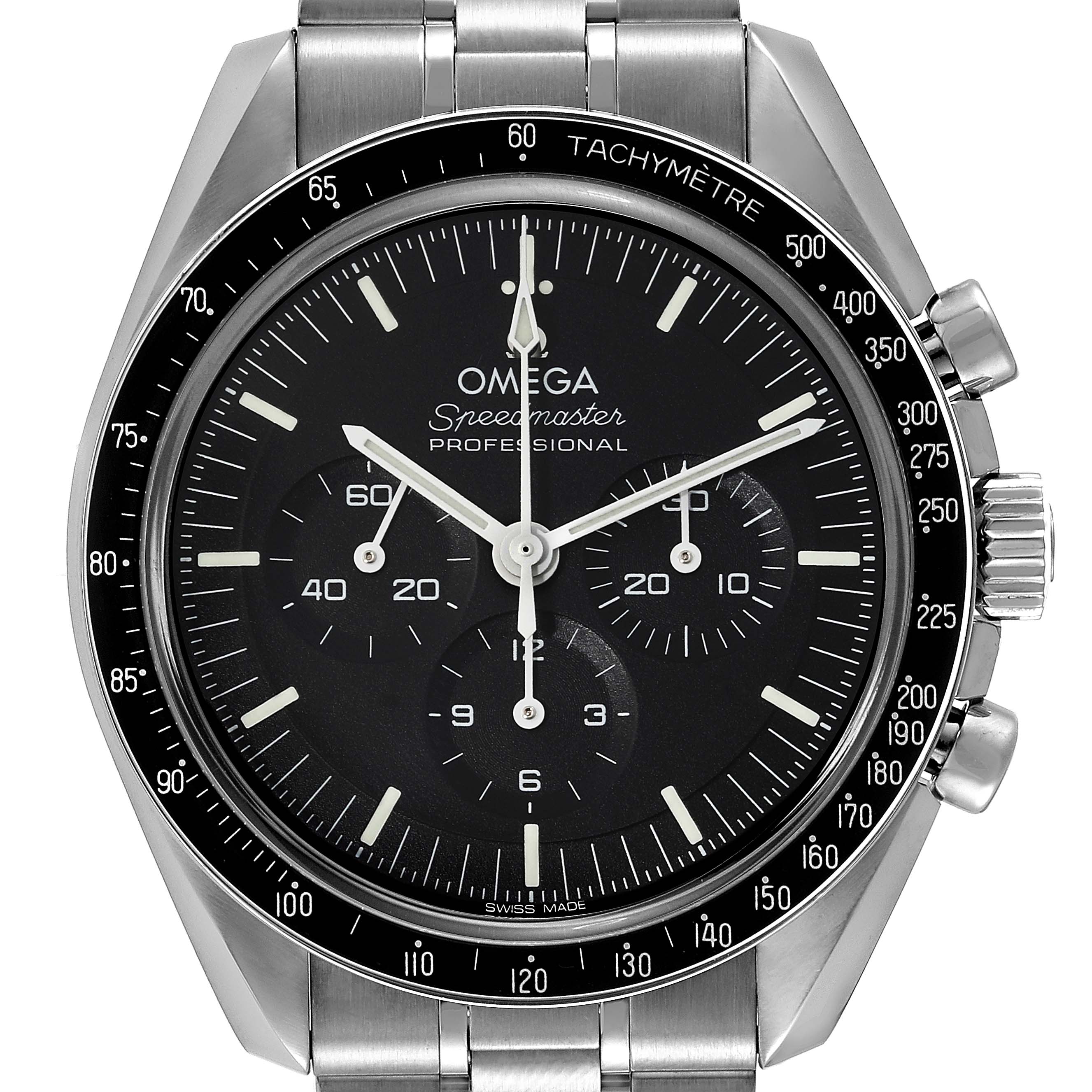 The Omega Speedmaster 310.30.42.50.01.002 Men
s Stainless Steel Black Dial 310.30.42.50.01.002 Men
s Stainless Steel Black Dial watch is shown from a top-down angle, highlighting its face, bezel, and part of the bracelet.