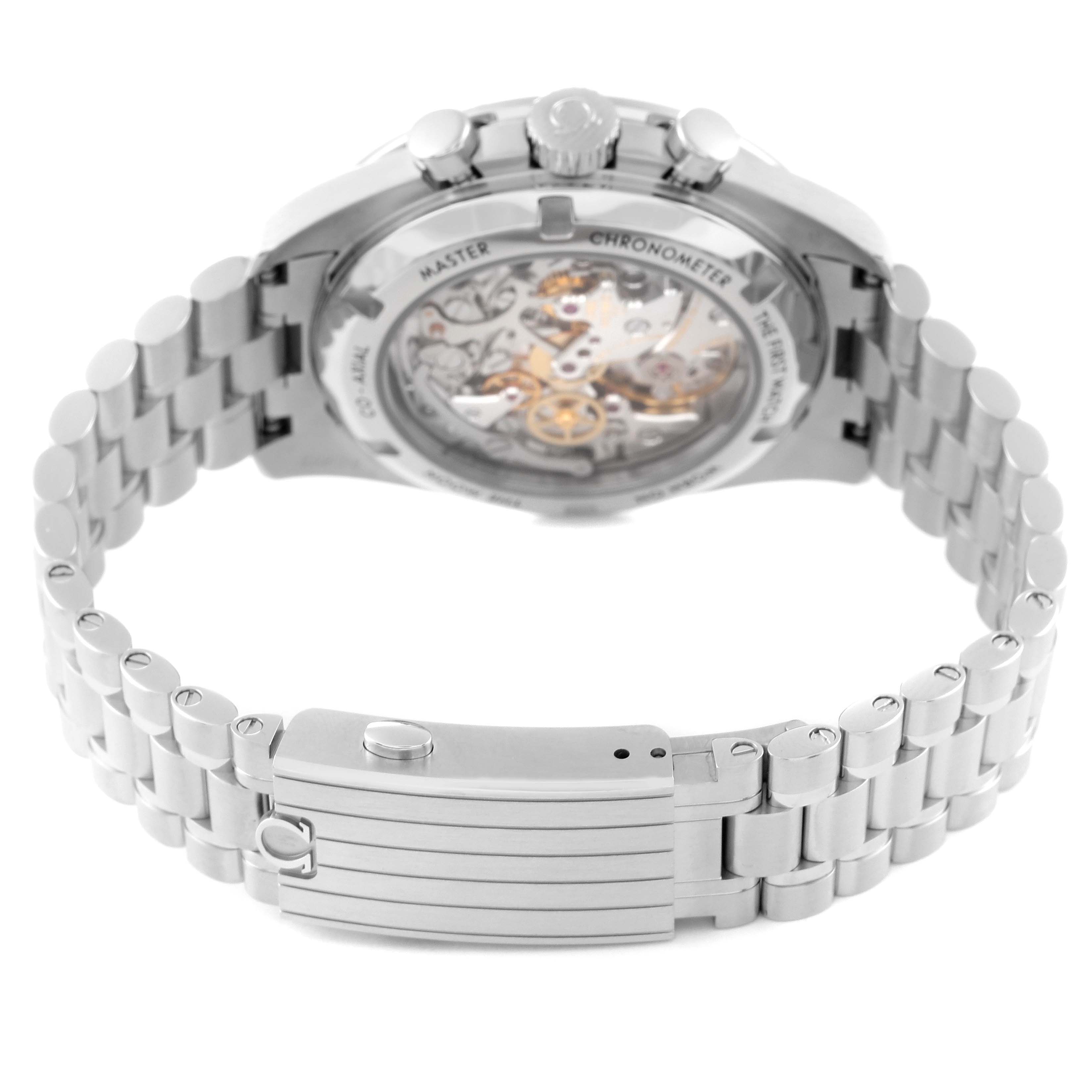 The image shows the back view of an Omega Speedmaster 310.30.42.50.01.002 Men
s Stainless Steel Black Dial 310.30.42.50.01.002 Men
s Stainless Steel Black Dial watch highlighting the transparent case back and stainless steel bracelet.