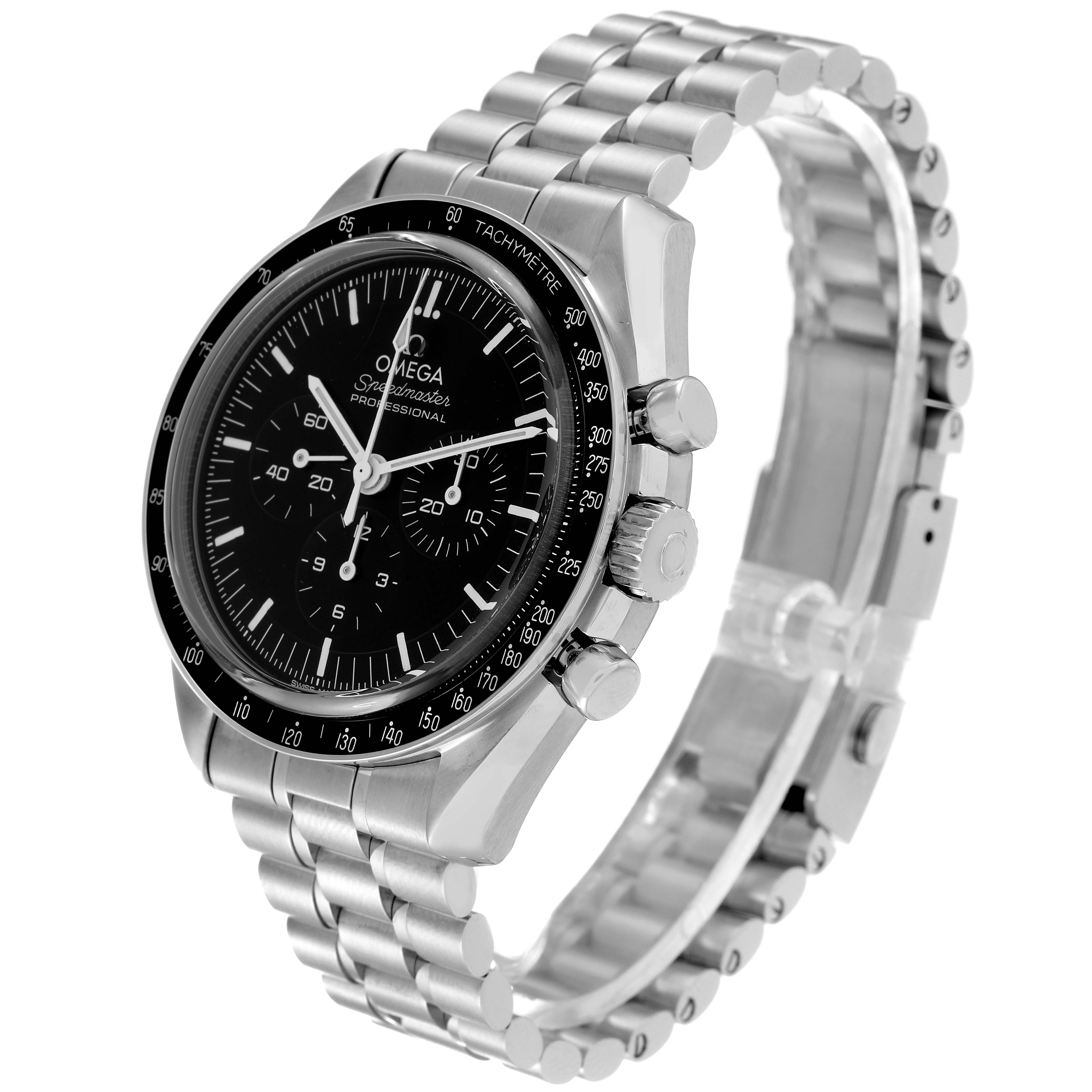 The Omega Speedmaster 310.30.42.50.01.002 Men
s Stainless Steel Black Dial 310.30.42.50.01.002 Men
s Stainless Steel Black Dial is shown at a three-quarter angle, displaying the face, bezel, crown, pushers, and metal bracelet.