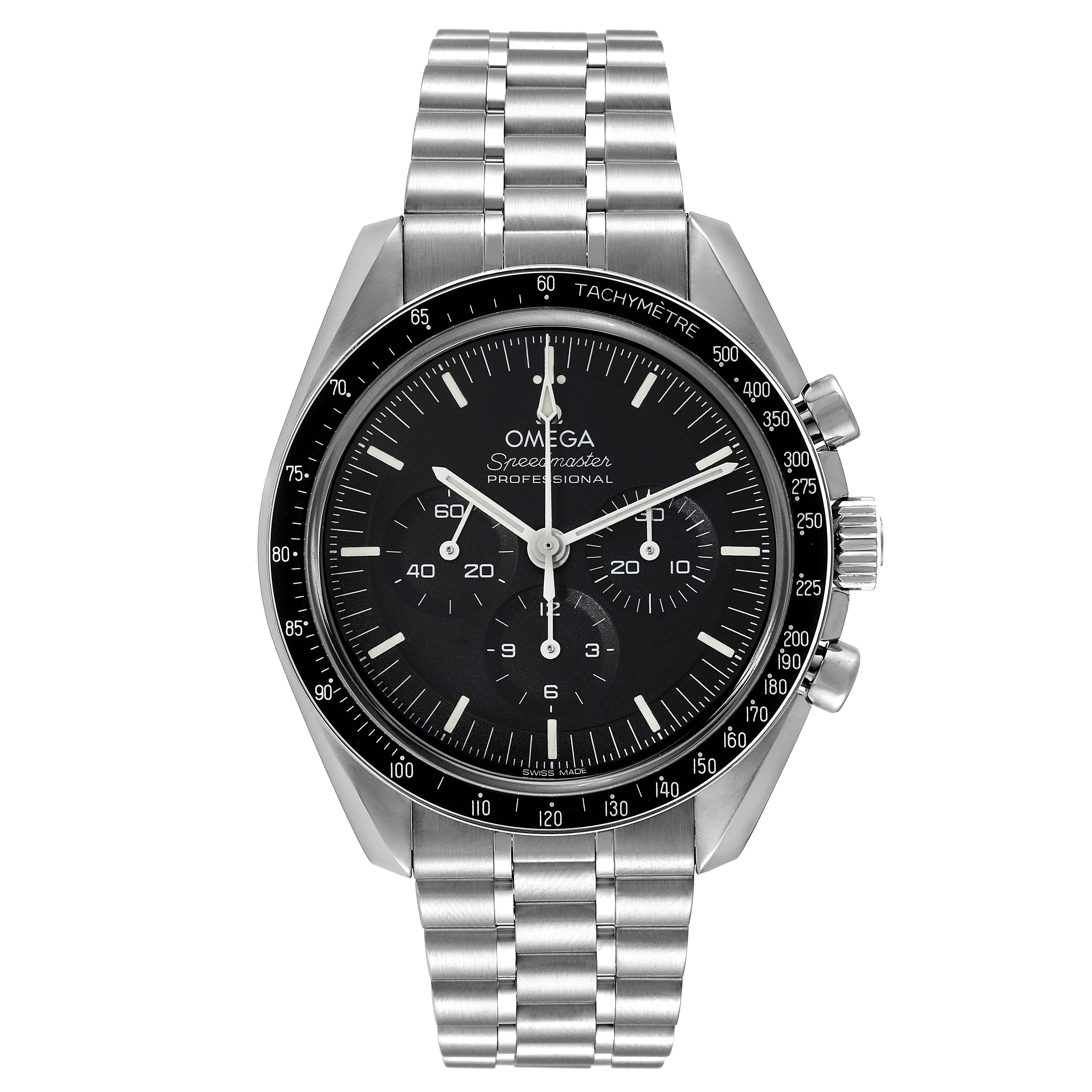 This image shows a front view of the Omega Speedmaster 310.30.42.50.01.002 Men
s Stainless Steel Black Dial 310.30.42.50.01.002 Men
s Stainless Steel Black Dial Professional watch, including its face, bezel, and bracelet.
