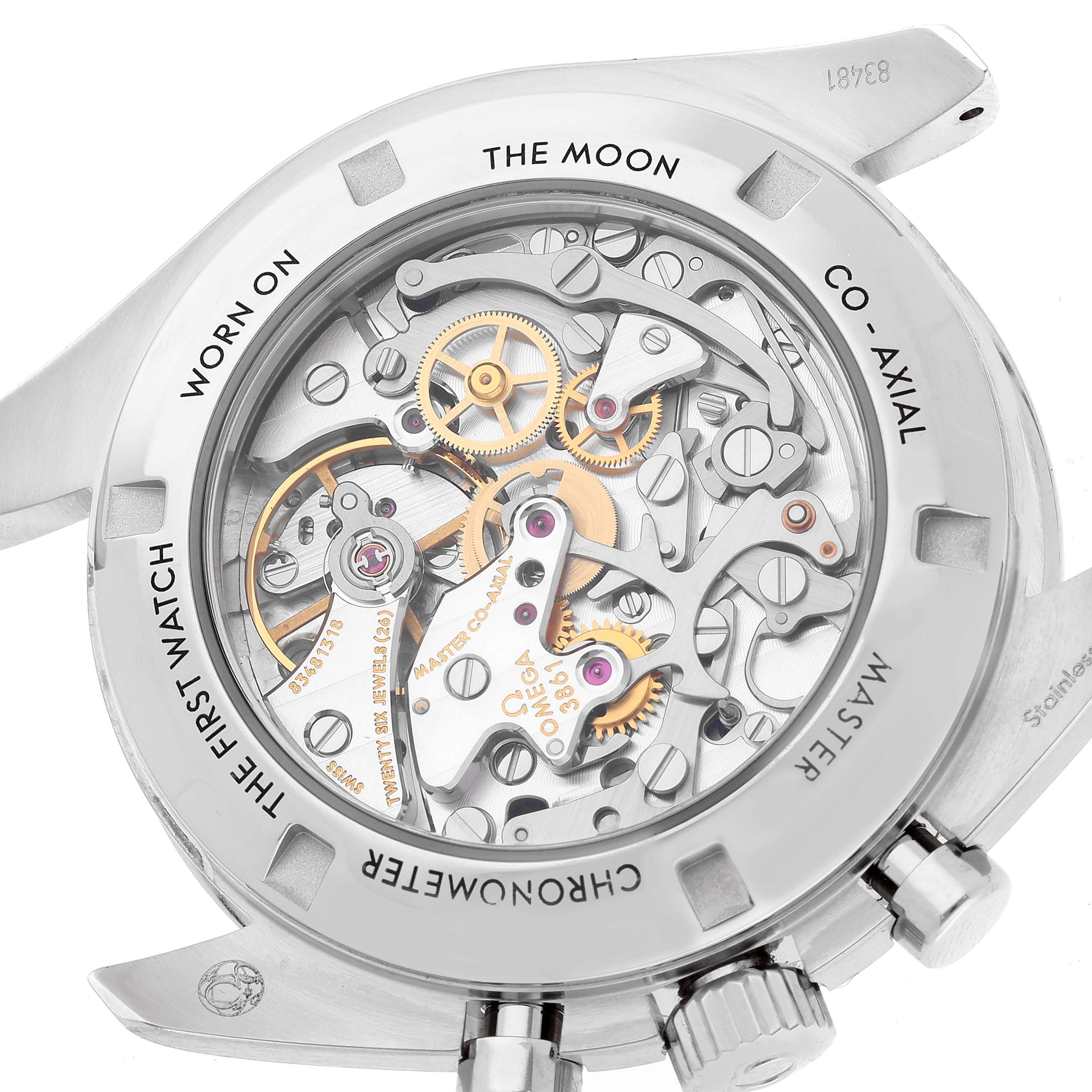 The image shows the back of the Omega Speedmaster 310.30.42.50.01.002 Men
s Stainless Steel Black Dial 310.30.42.50.01.002 Men
s Stainless Steel Black Dial watch, highlighting its internal mechanics and movement parts.