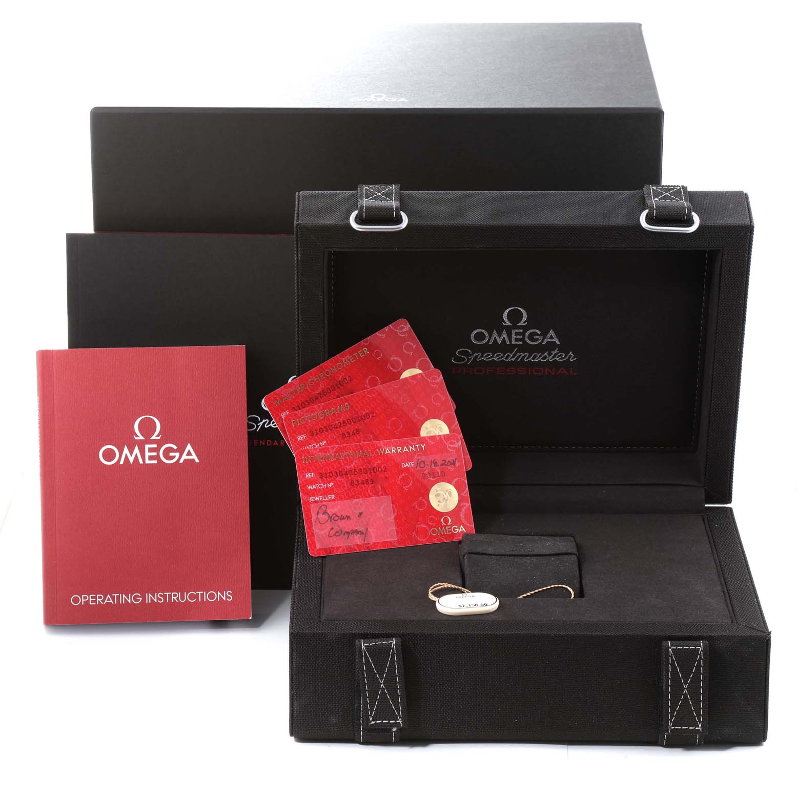 This image shows the packaging, warranty cards, and operating instructions for an Omega Speedmaster 310.30.42.50.01.002 Men
s Stainless Steel Black Dial 310.30.42.50.01.002 Men
s Stainless Steel Black Dial watch.