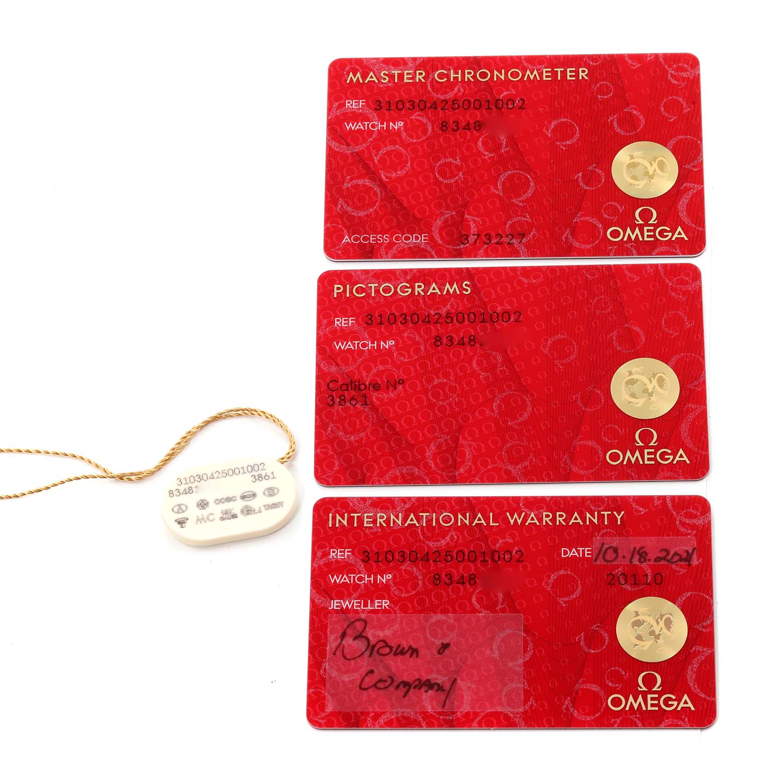 The image shows three Omega Speedmaster 310.30.42.50.01.002 Men
s Stainless Steel Black Dial 310.30.42.50.01.002 Men
s Stainless Steel Black Dial model cards: Master Chronometer, Pictograms, and International Warranty, along with a tag.