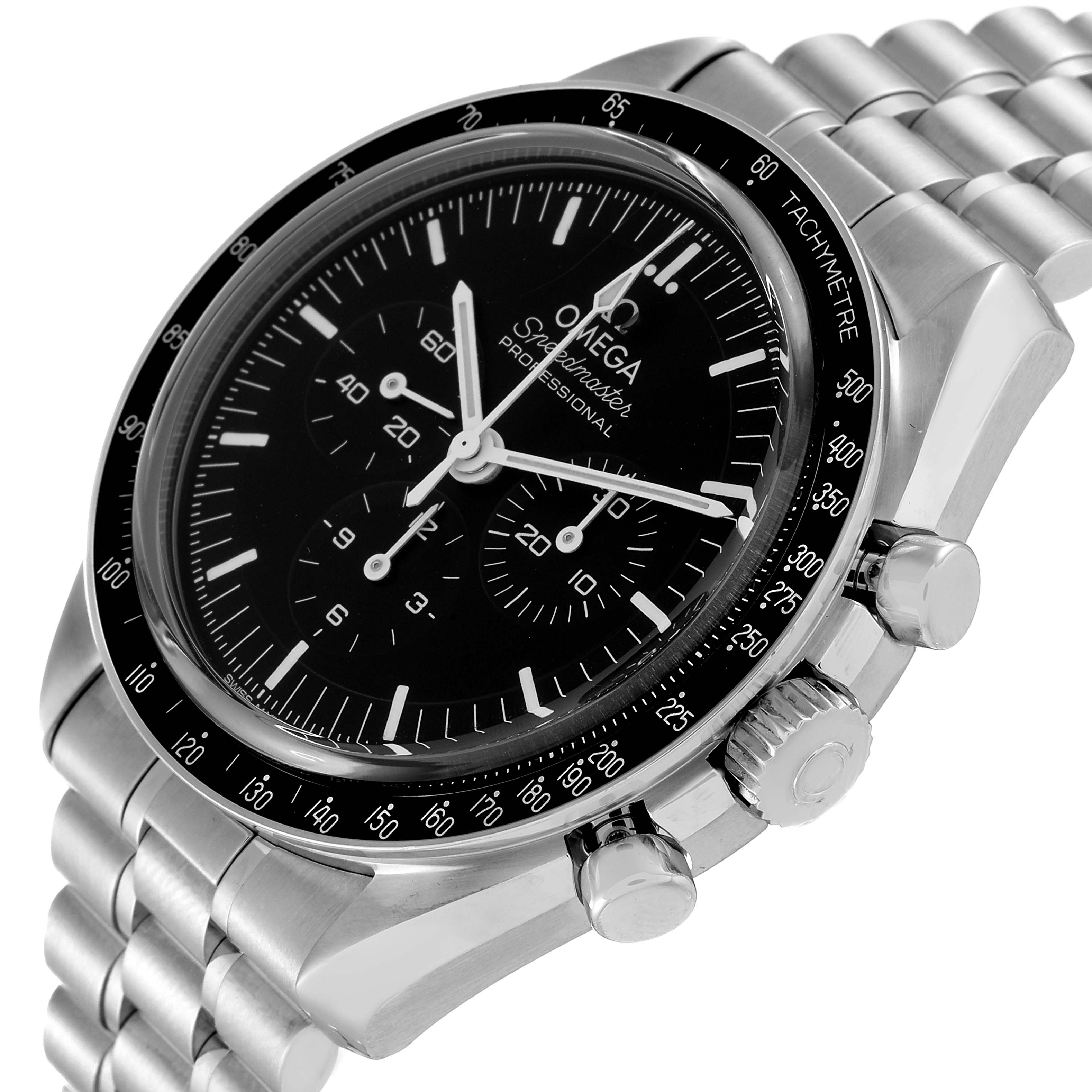 The image shows an angled view of the Omega Speedmaster 310.30.42.50.01.002 Men
s Stainless Steel Black Dial 310.30.42.50.01.002 Men
s Stainless Steel Black Dial watch, highlighting its bezel, dial, sub-dials, and bracelet.