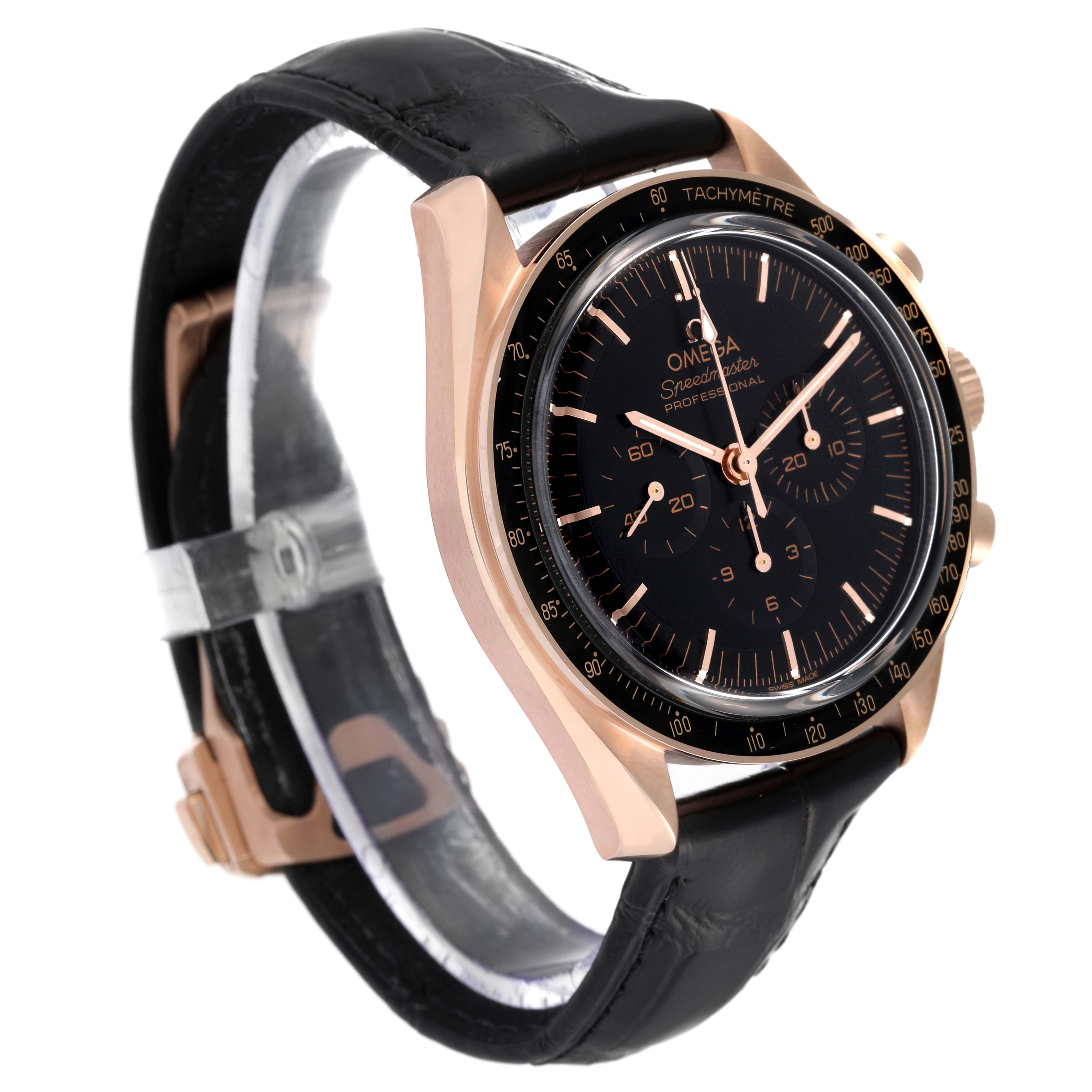 The Omega Speedmaster 310.63.42.50.02.001 Men's Rose Gold Black Dial 310.63.42.50.02.001 Men's Rose Gold Black Dial is shown at a three-quarter angle, highlighting the dial, case, and strap.