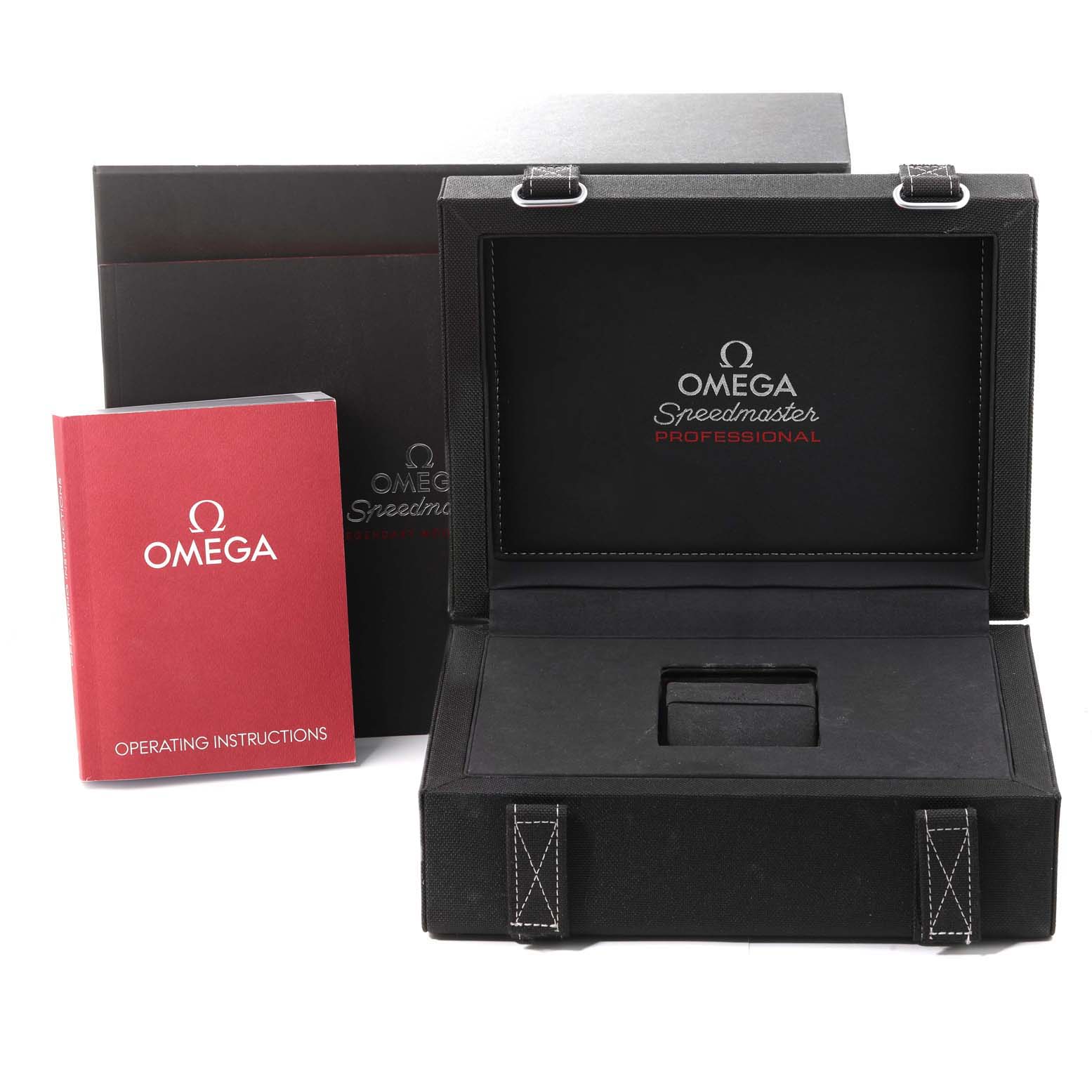 The image shows the packaging, instruction manual, and open display box for the Omega Speedmaster 310.63.42.50.02.001 Men's Rose Gold Black Dial 310.63.42.50.02.001 Men's Rose Gold Black Dial watch from a frontal angle.