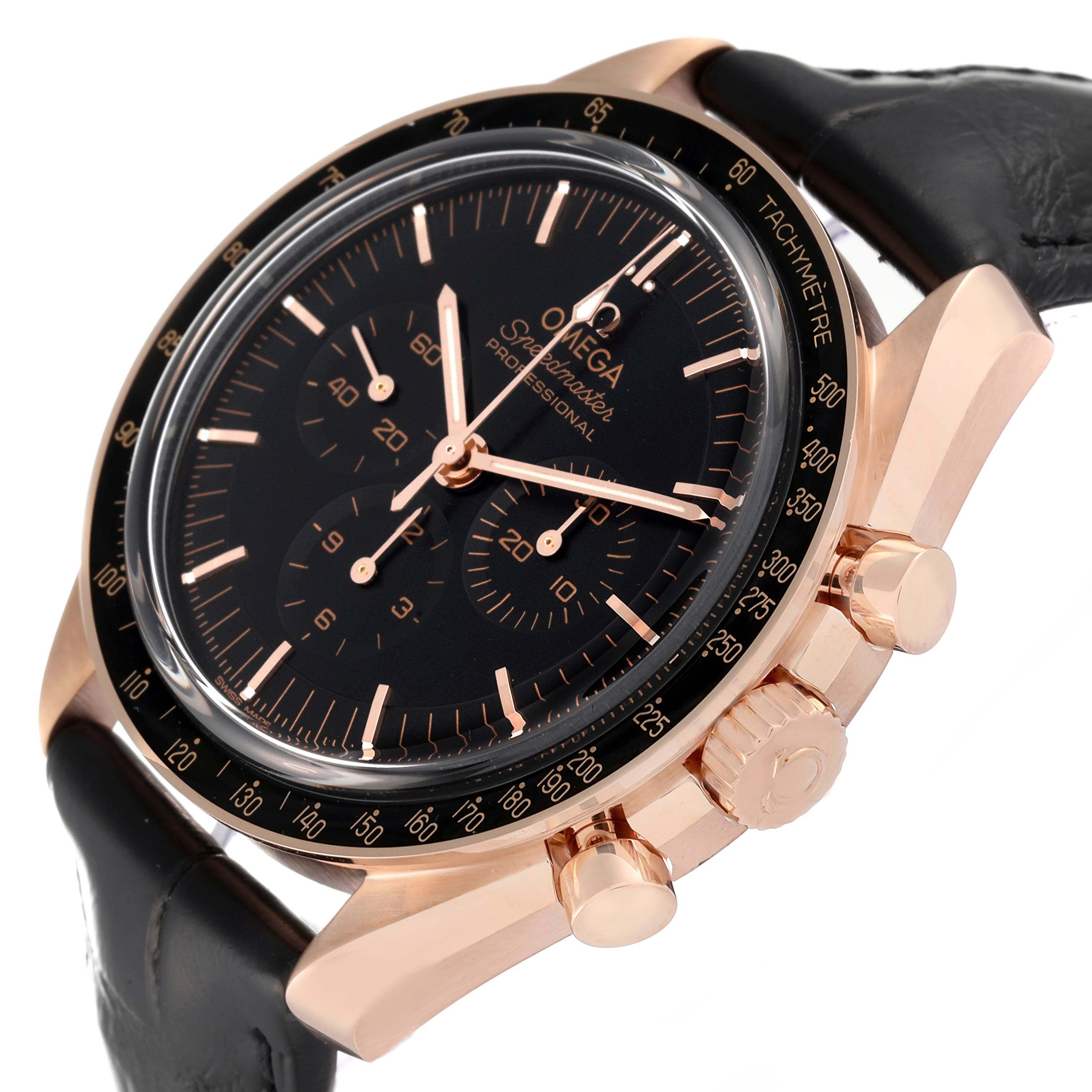 The image shows an angled view of the Omega Speedmaster 310.63.42.50.02.001 Men's Rose Gold Black Dial 310.63.42.50.02.001 Men's Rose Gold Black Dial watch, highlighting the black dial, rose gold case, tachymeter bezel, and pushers.