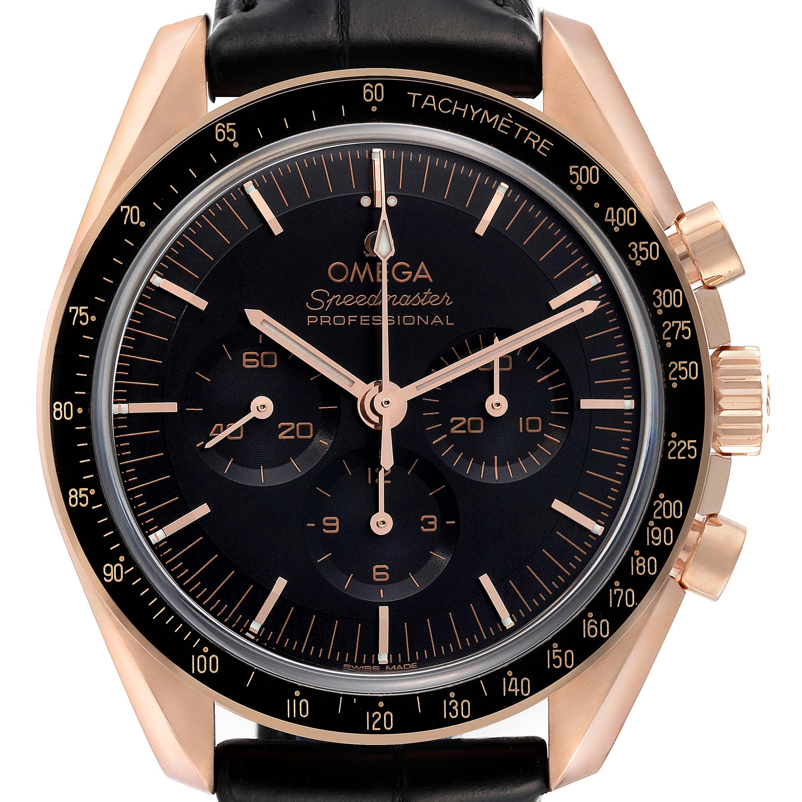 The Omega Speedmaster 310.63.42.50.02.001 Men's Rose Gold Black Dial 310.63.42.50.02.001 Men's Rose Gold Black Dial watch is shown from a front angle, highlighting the dial, bezel, and subdials.