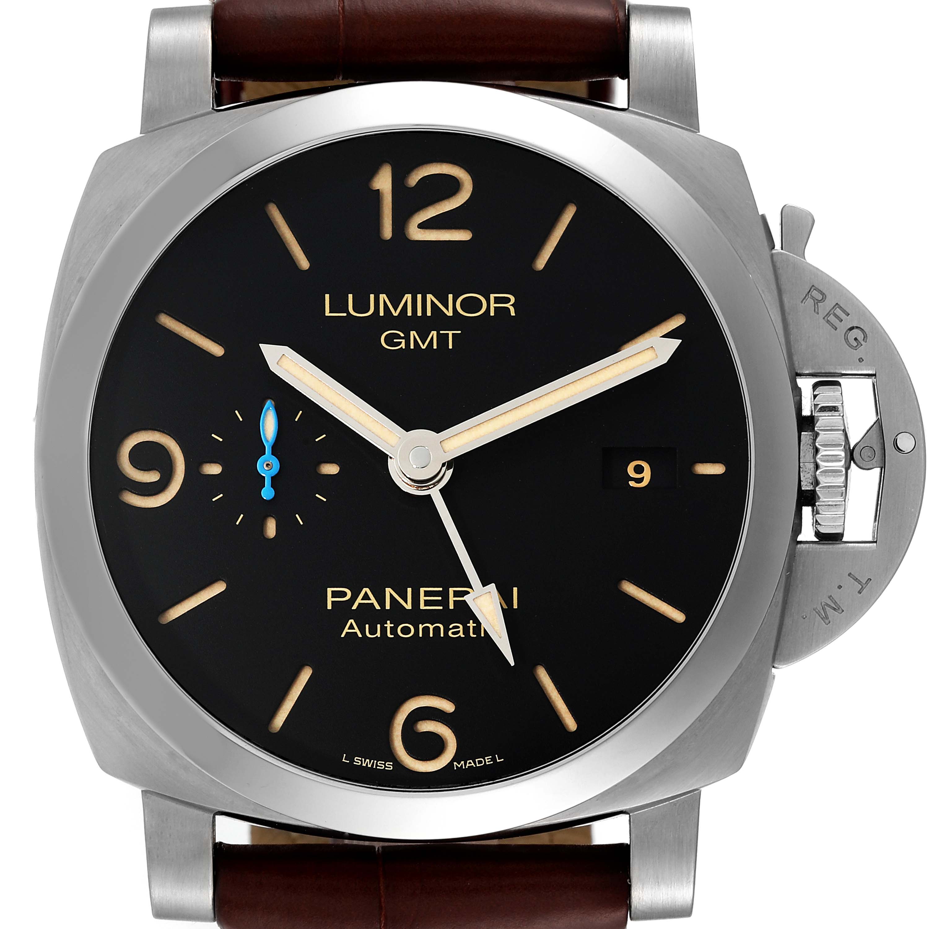 Front view of the Panerai Luminor PAM01320 Men's Stainless Steel Blue Dial PAM01320 Men's Stainless Steel Blue Dial GMT watch showing the dial, hands, and crown protector.
