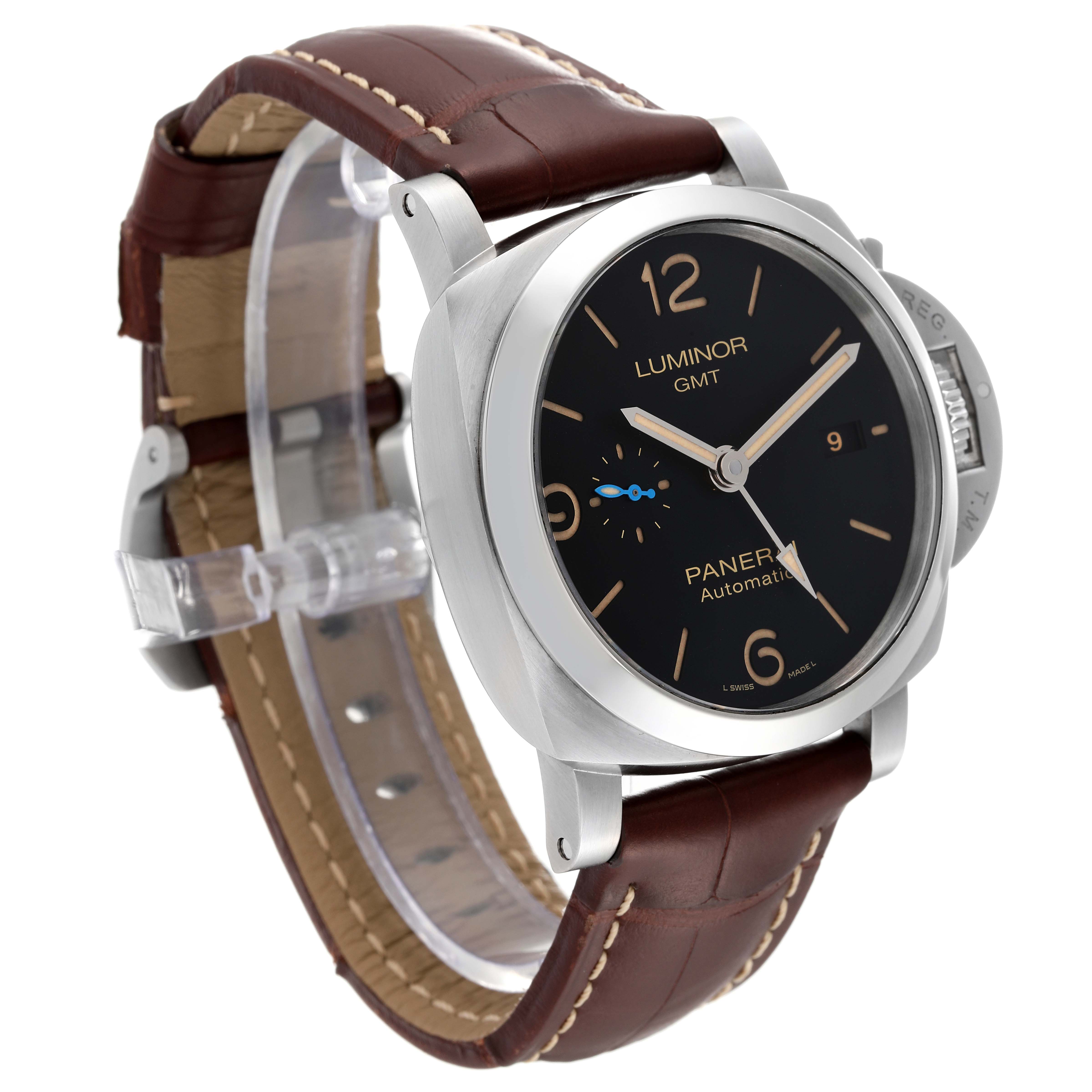 The image shows a Panerai Luminor PAM01320 Men's Stainless Steel Blue Dial PAM01320 Men's Stainless Steel Blue Dial GMT watch at a slight angle, highlighting the face, crown, and brown leather strap.