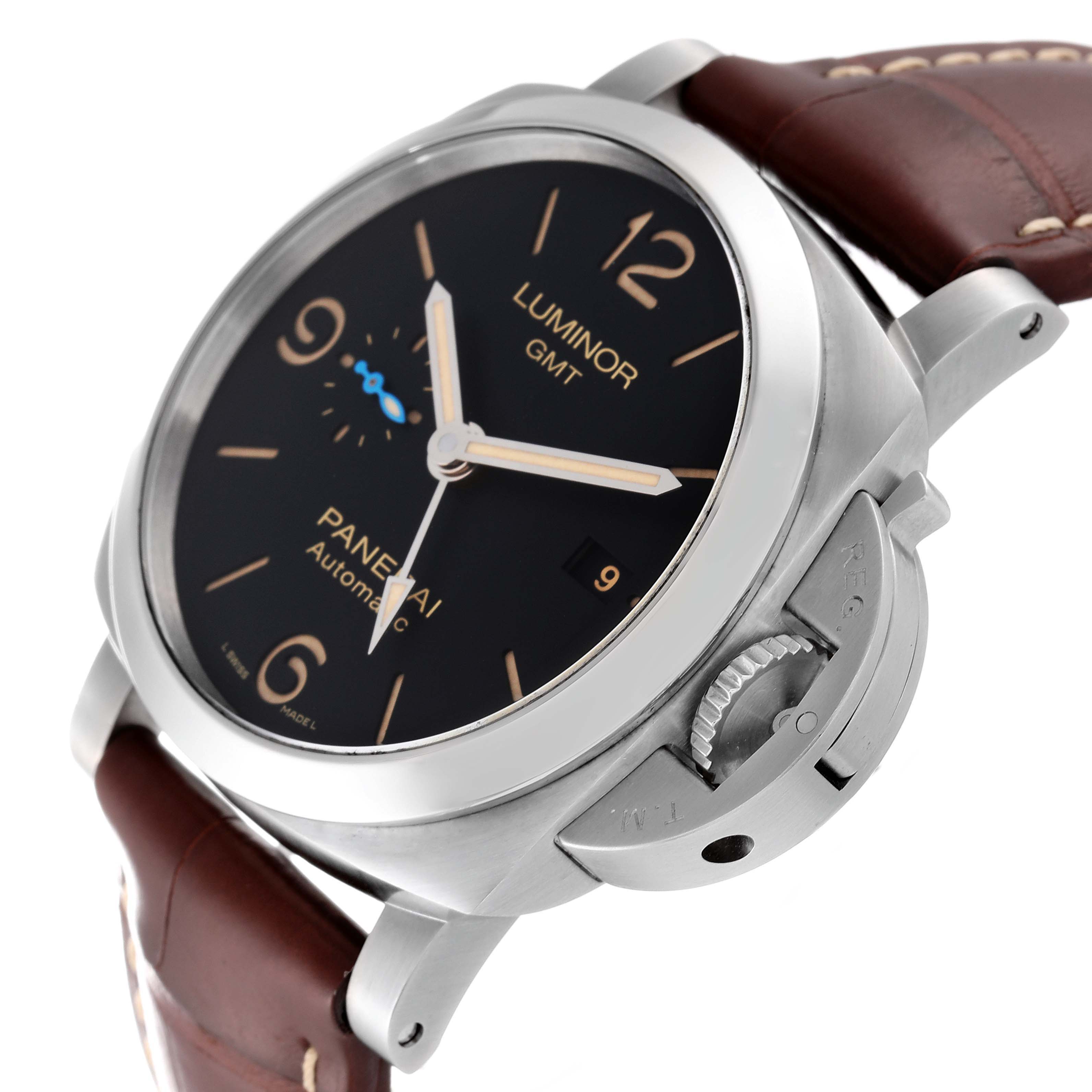 The image shows a Panerai Luminor PAM01320 Men's Stainless Steel Blue Dial PAM01320 Men's Stainless Steel Blue Dial GMT watch from an angled side view, highlighting the face, crown guard, and leather strap.