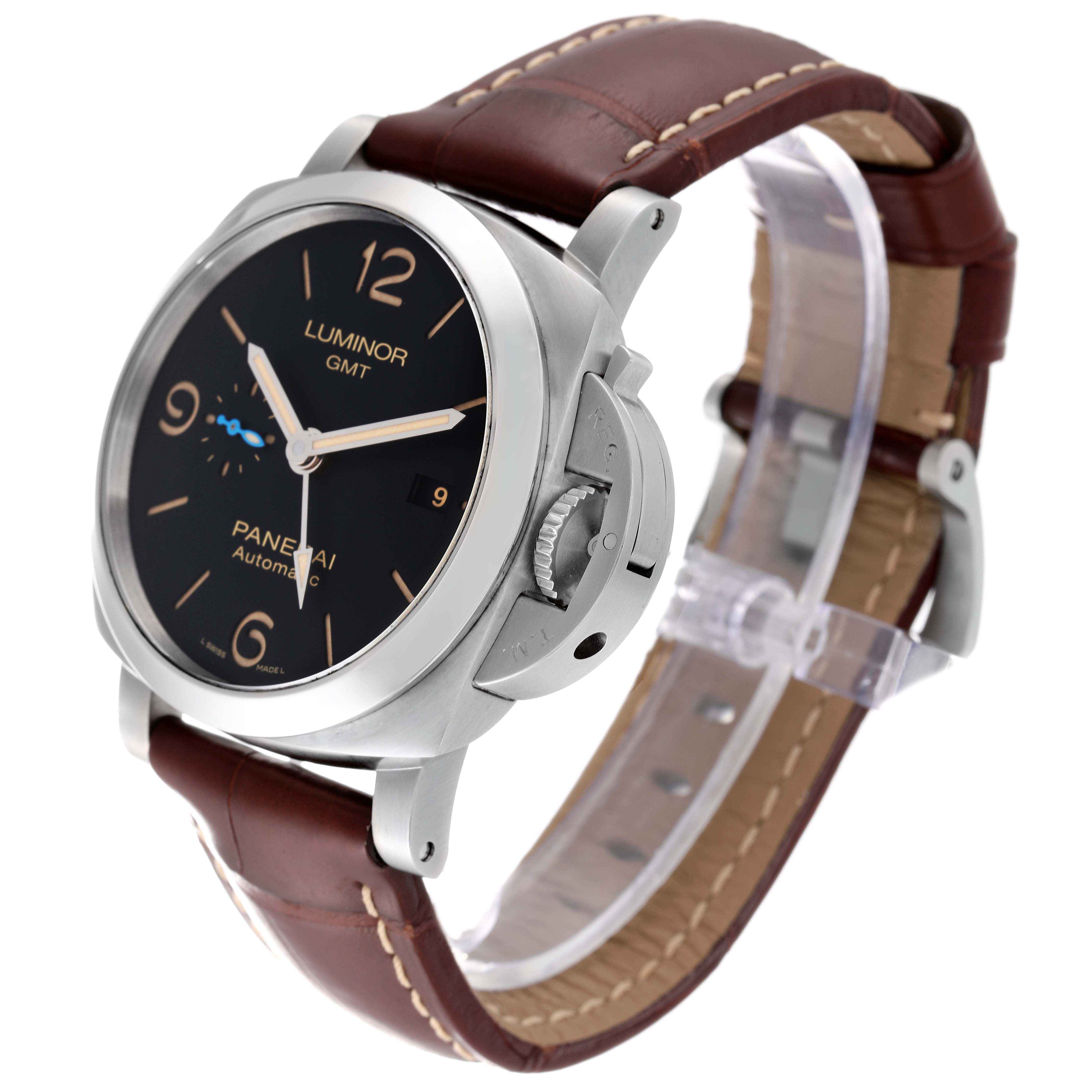 The image shows a Panerai Luminor PAM01320 Men's Stainless Steel Blue Dial PAM01320 Men's Stainless Steel Blue Dial watch at a three-quarter angle, highlighting its dial, case, crown, and leather strap.