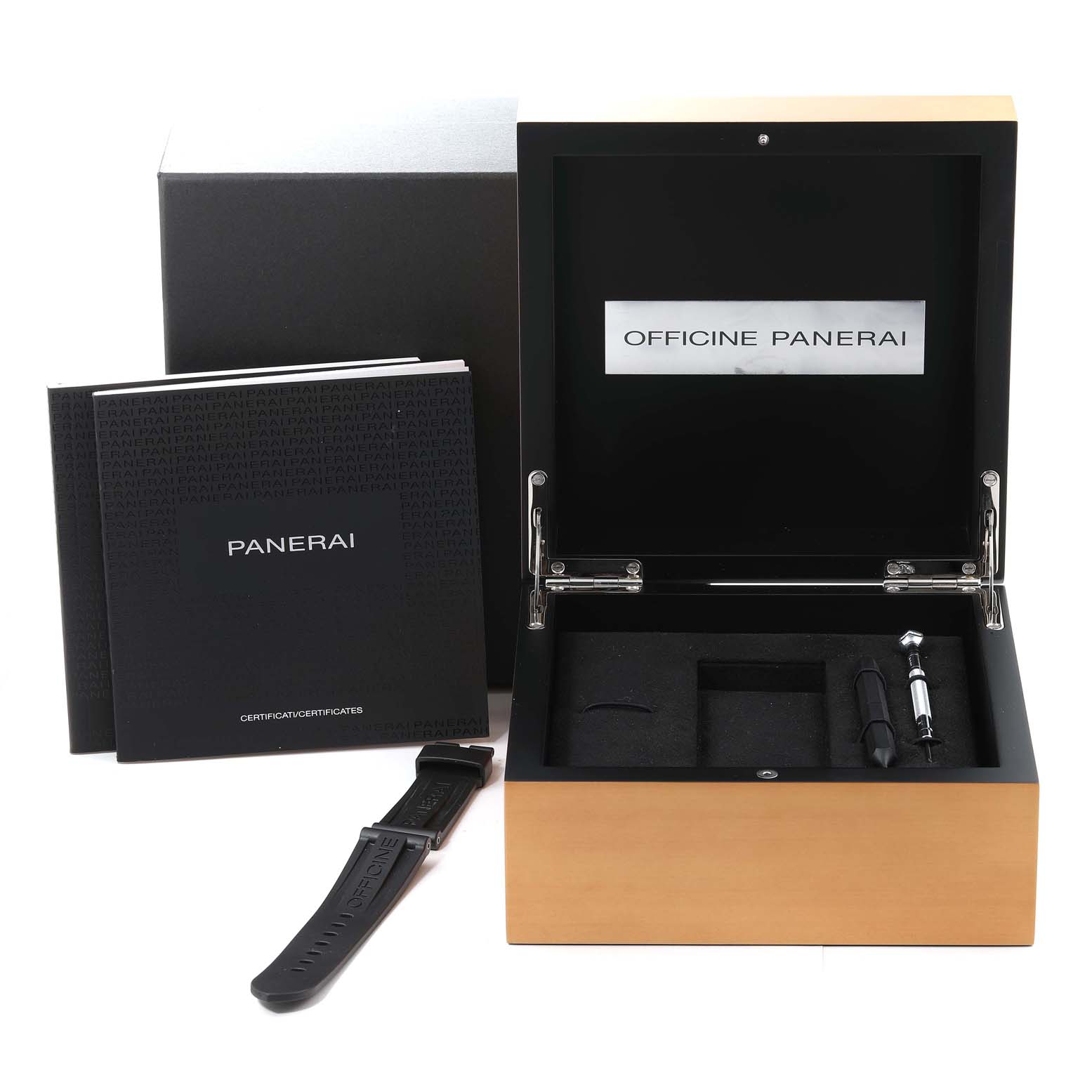 The image shows the packaging box, extra strap, tools, and booklets for a Panerai Luminor PAM01320 Men's Stainless Steel Blue Dial PAM01320 Men's Stainless Steel Blue Dial watch, viewed from the front.