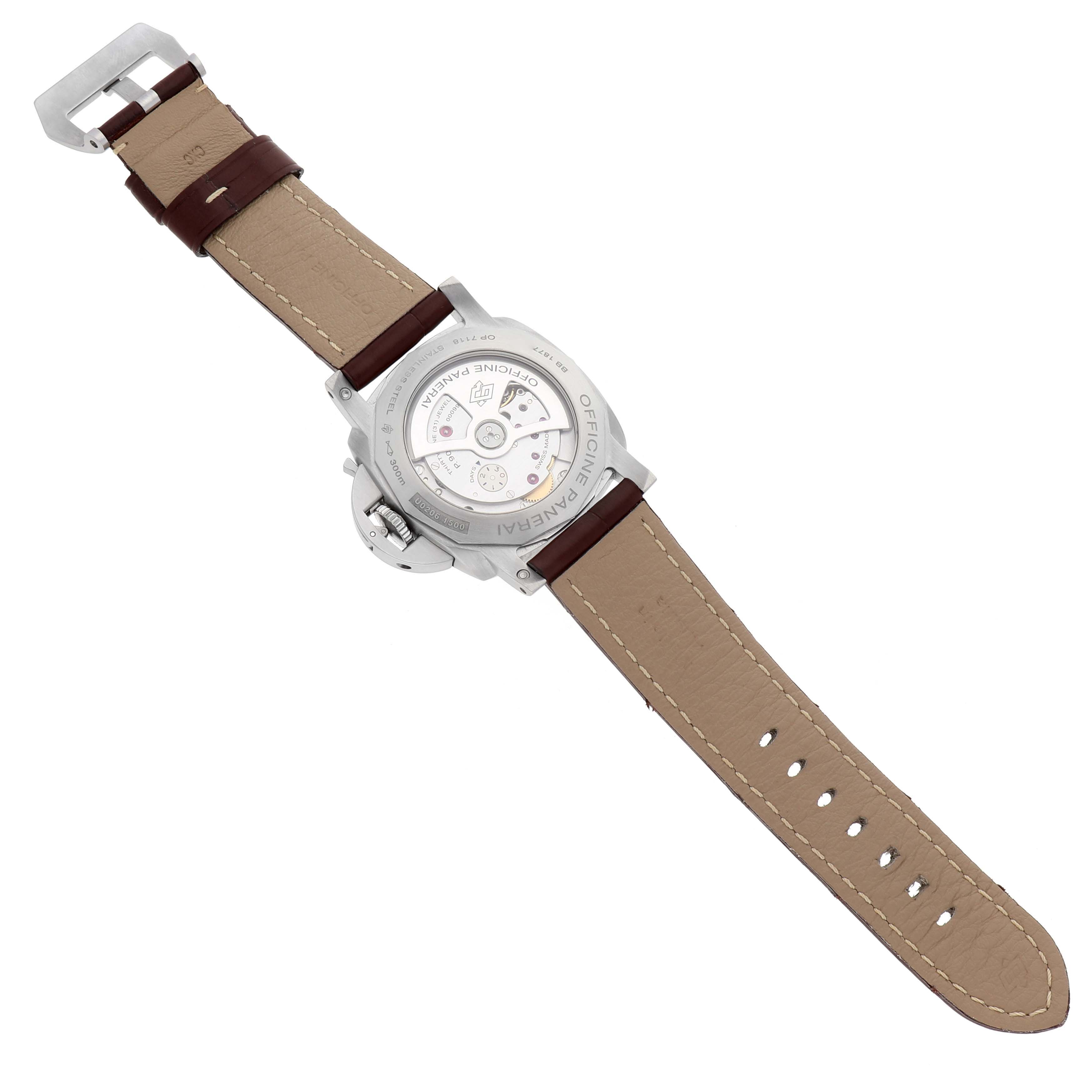 The image shows the back view of a Panerai Luminor PAM01320 Men's Stainless Steel Blue Dial PAM01320 Men's Stainless Steel Blue Dial watch, displaying its transparent case back and leather strap.