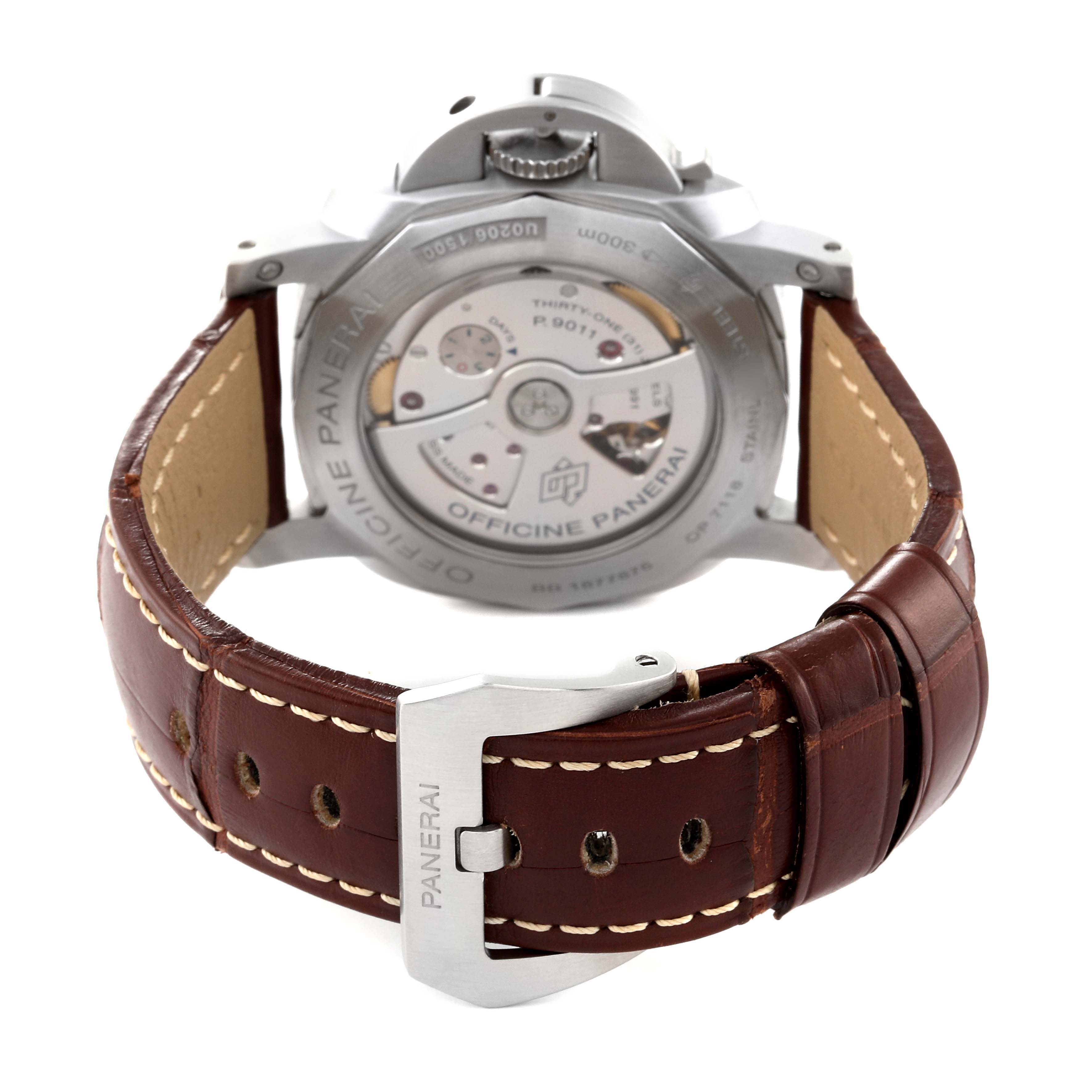 This image shows the back view of the Panerai Luminor PAM01320 Men's Stainless Steel Blue Dial PAM01320 Men's Stainless Steel Blue Dial watch, highlighting its movement and brown leather strap with buckle.