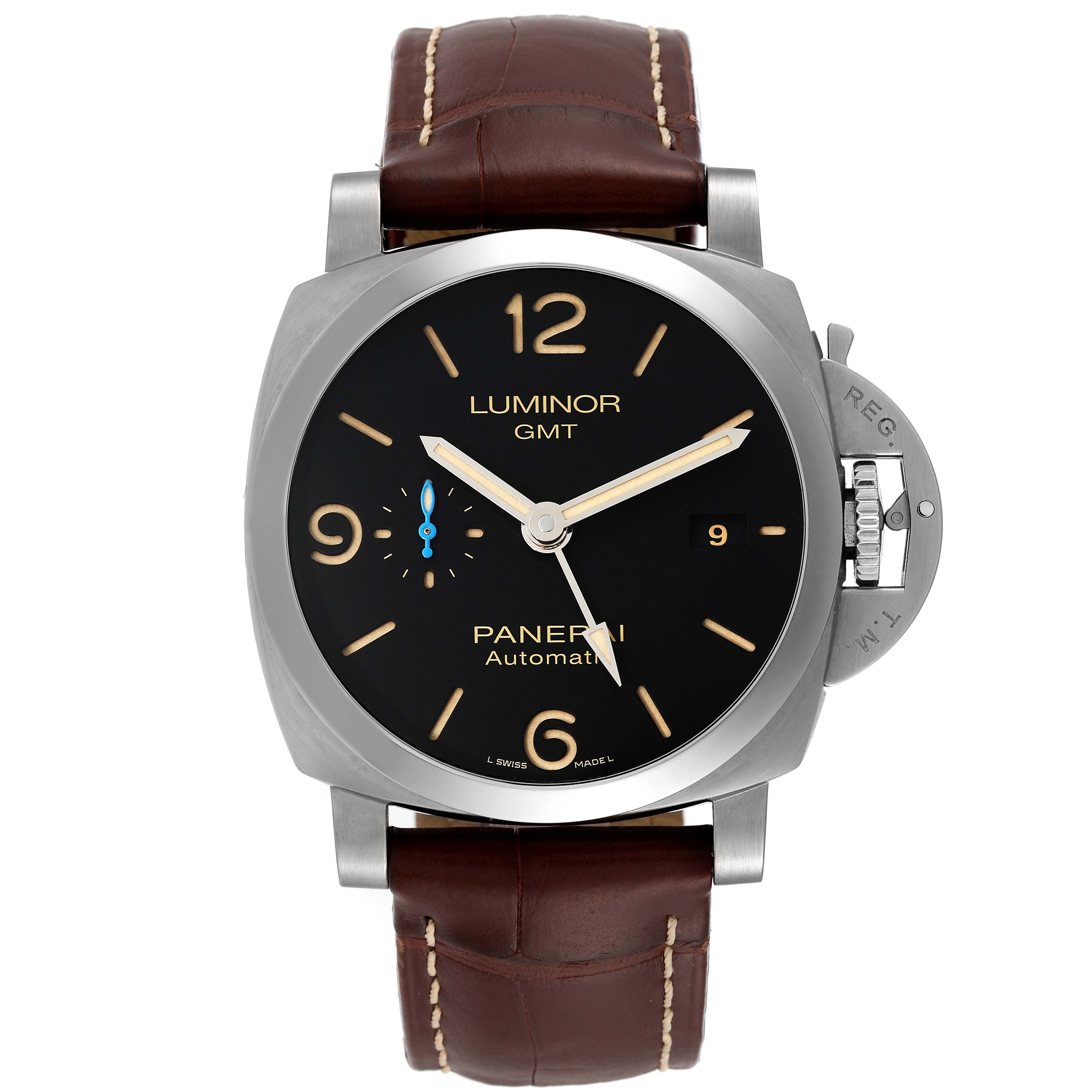 The Panerai Luminor PAM01320 Men's Stainless Steel Blue Dial PAM01320 Men's Stainless Steel Blue Dial watch is shown from a frontal angle, displaying its dial, case, crown guard, and leather strap.