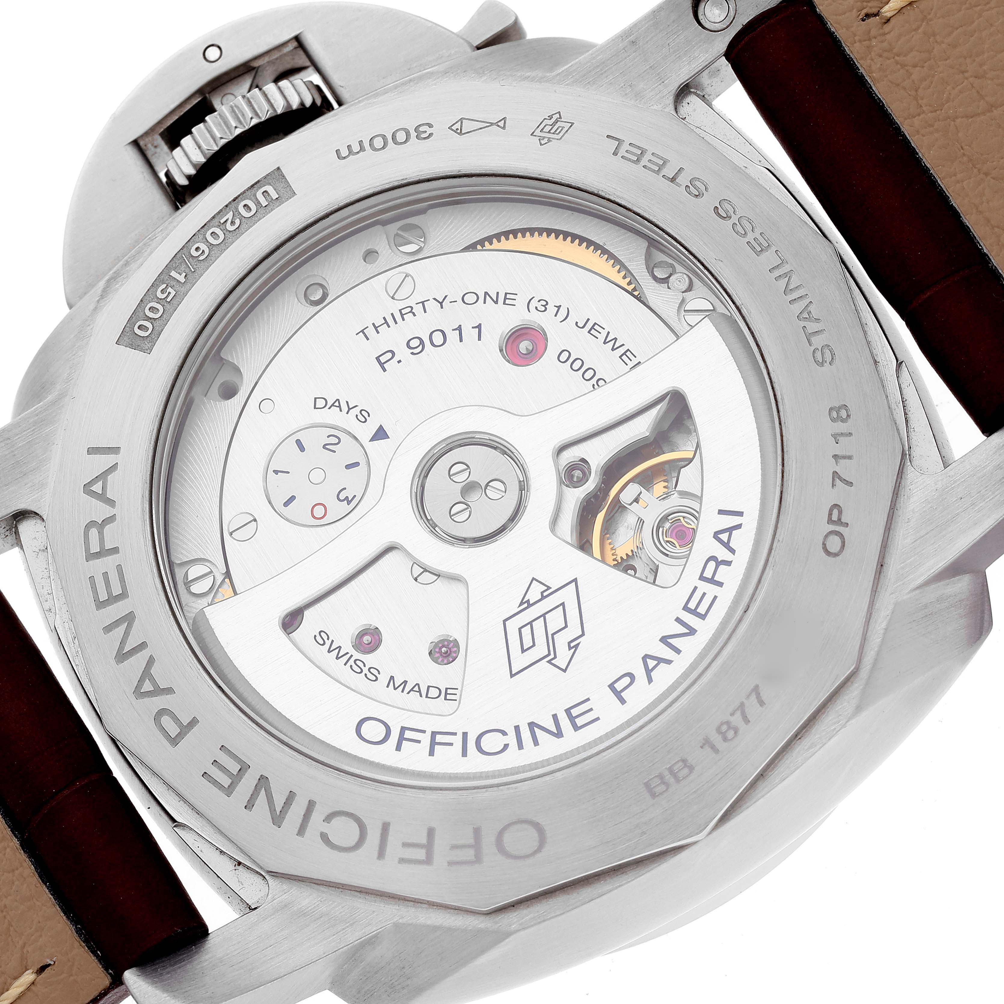 This image shows the back view of the Panerai Luminor PAM01320 Men's Stainless Steel Blue Dial PAM01320 Men's Stainless Steel Blue Dial watch, highlighting its movement and inner mechanisms.