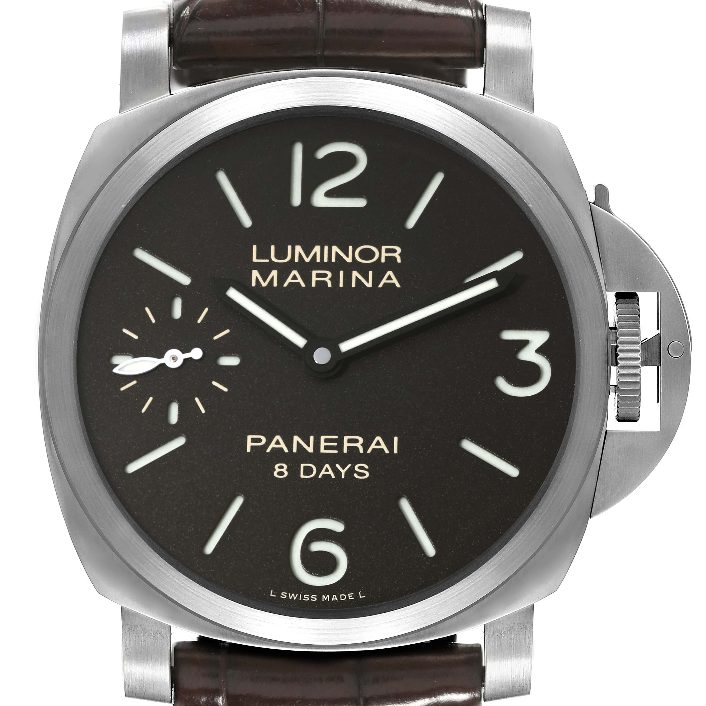 The image shows a front view of the Panerai Luminor PAM00564 Men
s Stainless Steel Black Dial PAM00564 Men
s Stainless Steel Black Dial Marina watch, displaying the dial, case, and crown guard.