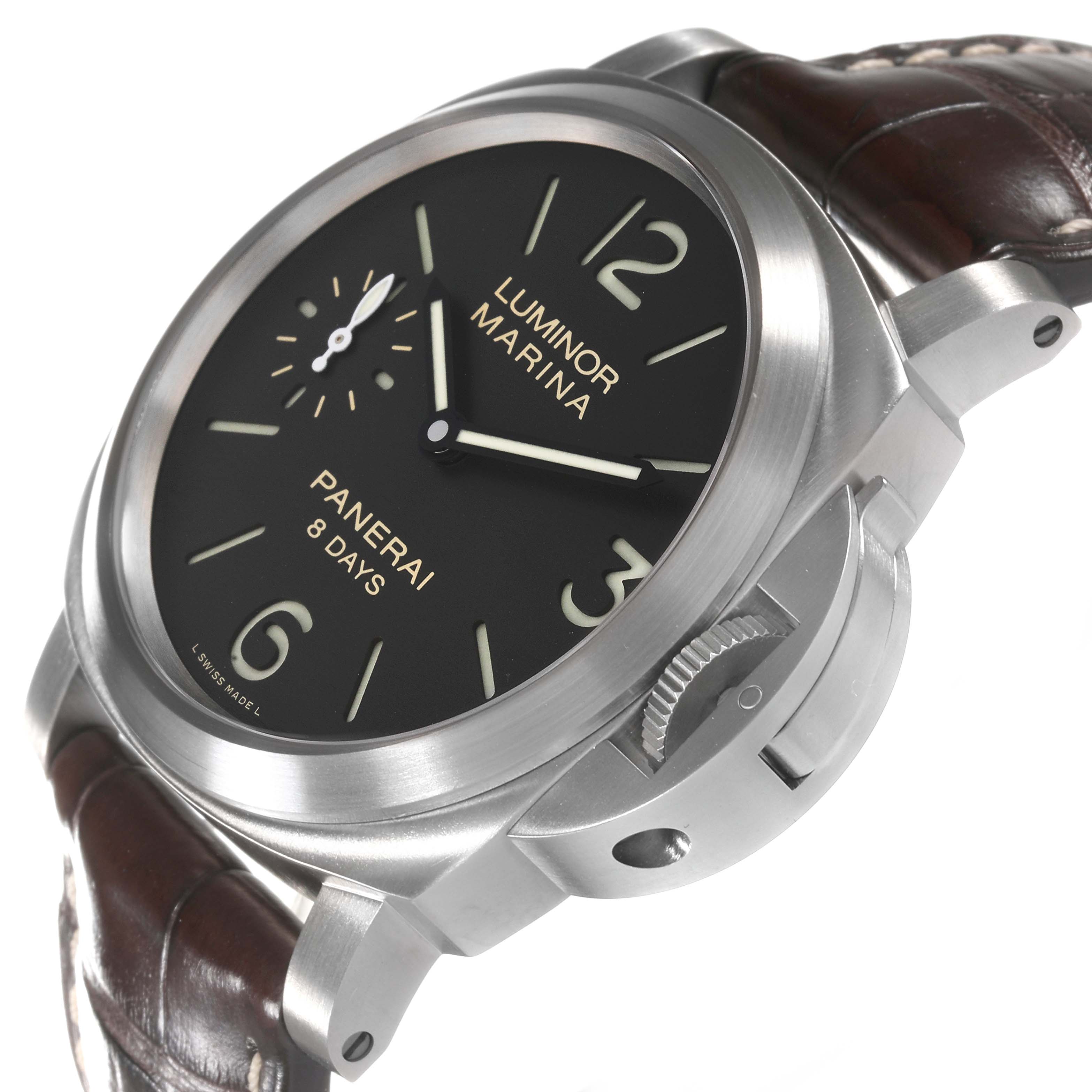 The image shows a side angle of the Panerai Luminor PAM00564 Men
s Stainless Steel Black Dial PAM00564 Men
s Stainless Steel Black Dial Marina watch, highlighting the dial, crown guard, and leather strap.