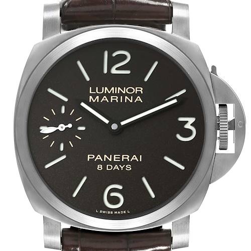 The image shows a front view of the Panerai Luminor Marina watch, highlighting its face, numerals, hands, and crown guard.