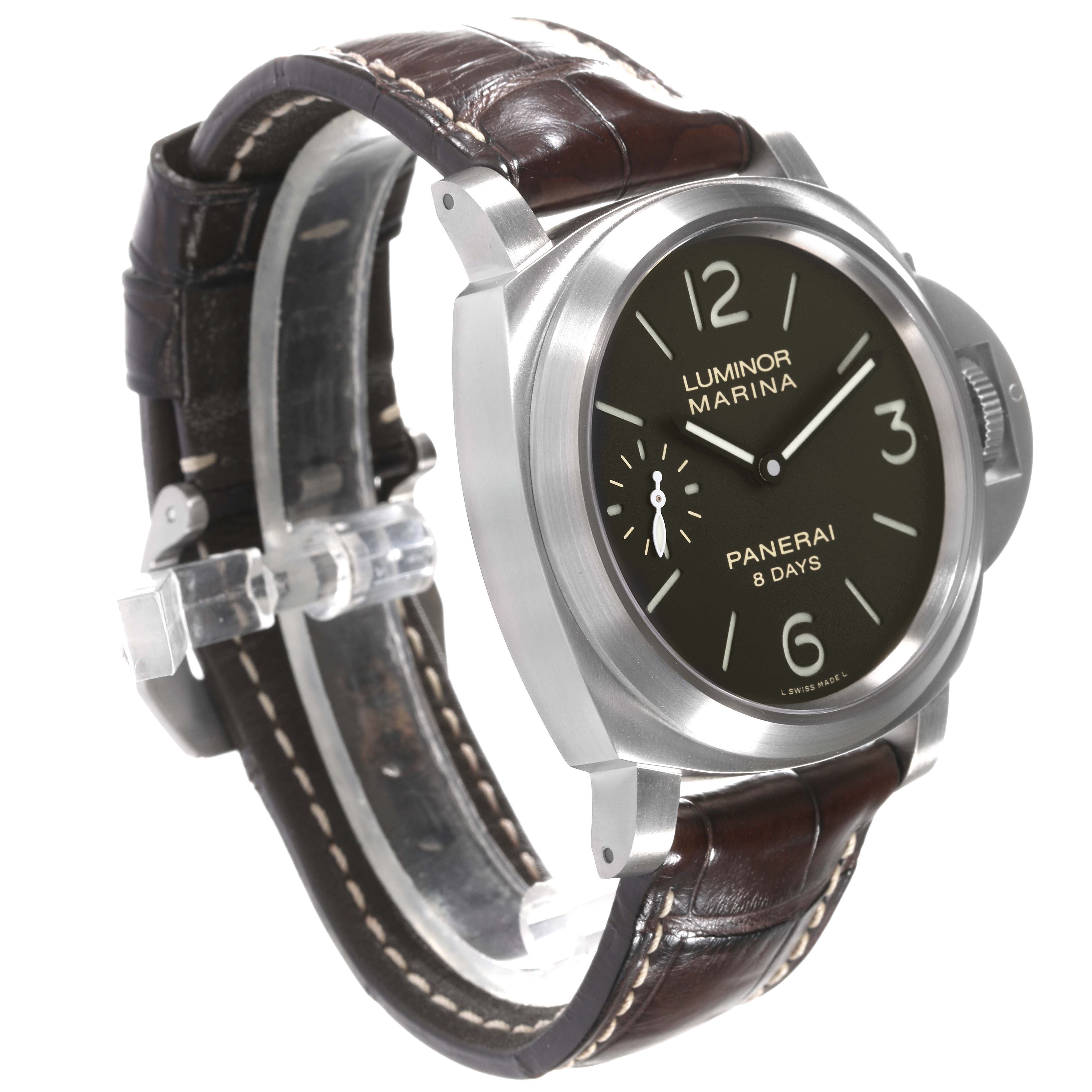 The Panerai Luminor PAM00564 Men
s Stainless Steel Black Dial PAM00564 Men
s Stainless Steel Black Dial watch is shown at a slight angle, highlighting the dial, case, and leather strap.