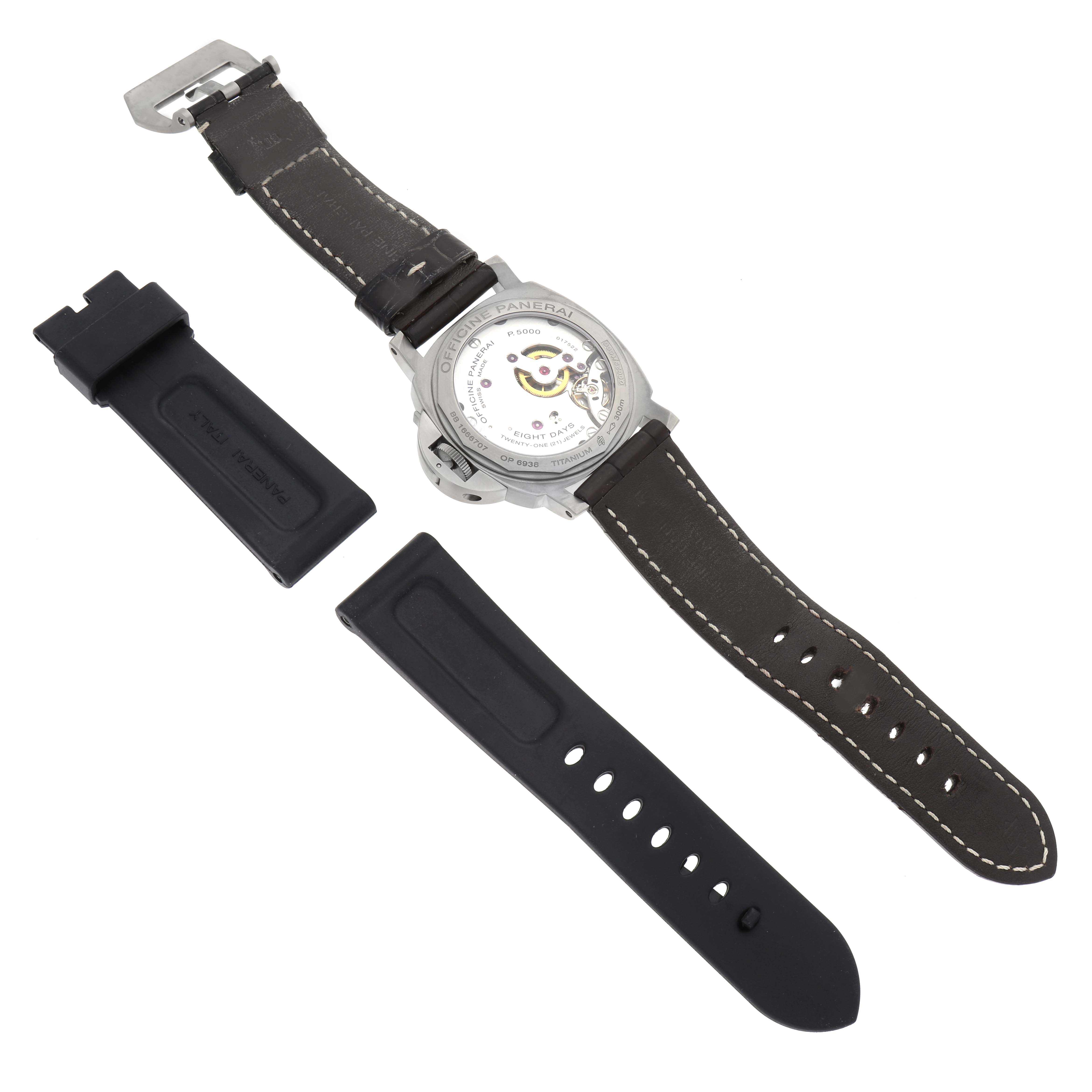 The image shows the back angle of a Panerai Luminor PAM00564 Men
s Stainless Steel Black Dial PAM00564 Men
s Stainless Steel Black Dial watch and additional watch straps.