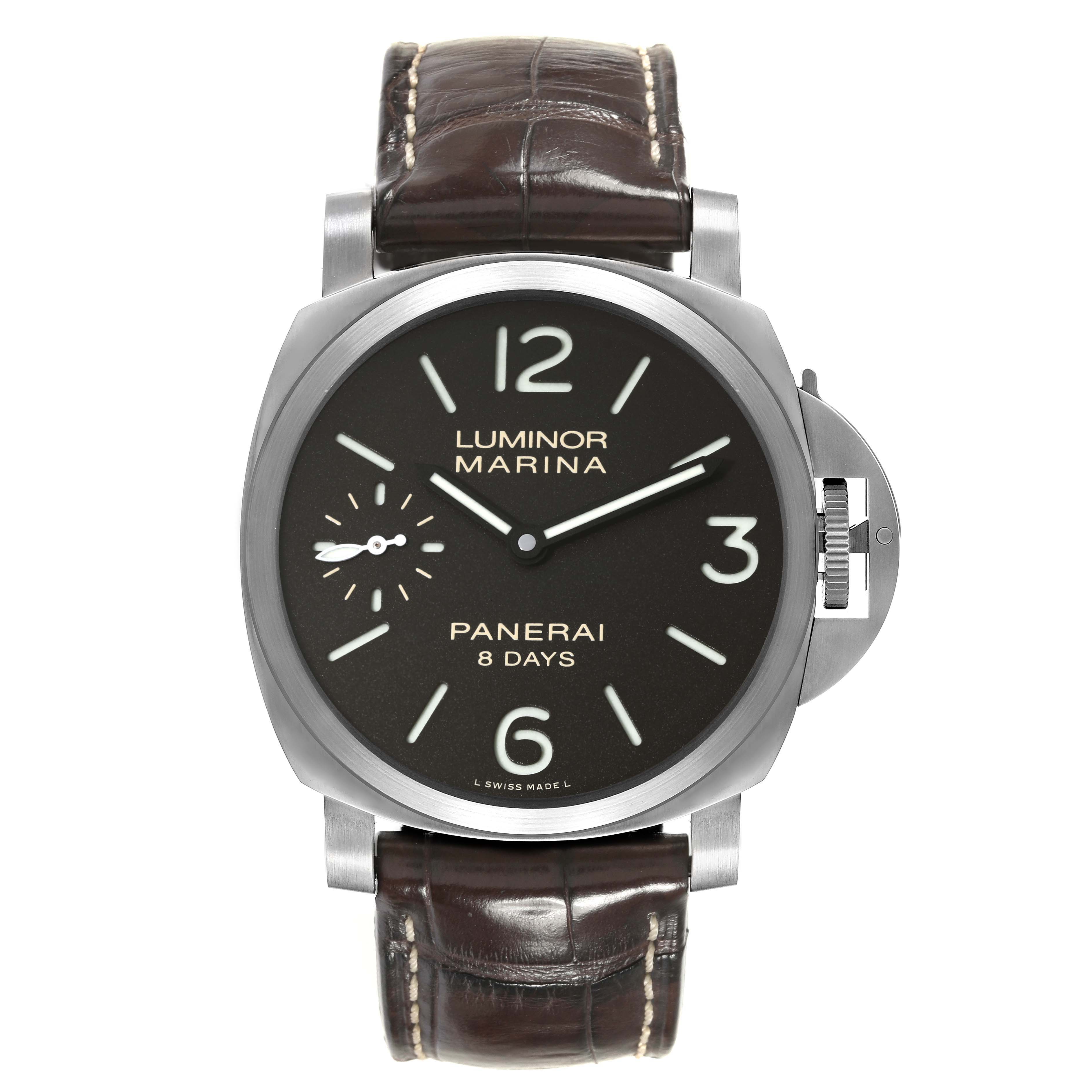 The image shows a front view of the Panerai Luminor PAM00564 Men
s Stainless Steel Black Dial PAM00564 Men
s Stainless Steel Black Dial watch, highlighting its dial, numerals, and leather strap.