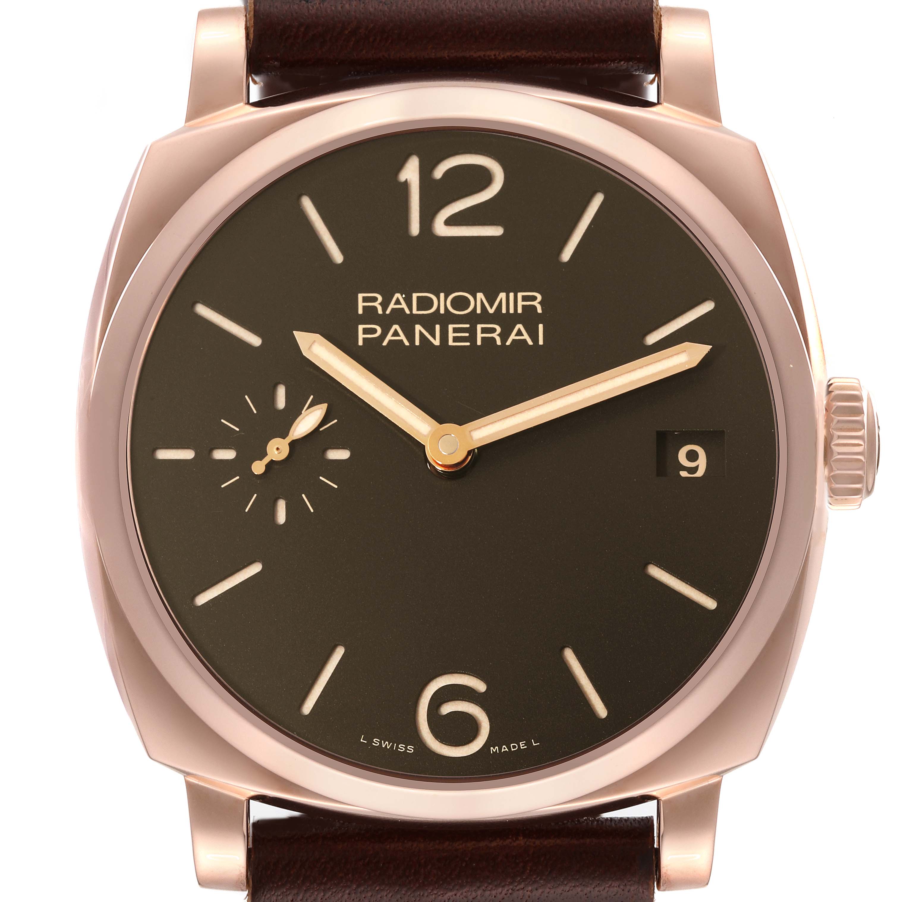 This image shows a front view of the Panerai Radiomir PAM00515 Men's Rose Gold Brown Dial PAM00515 Men's Rose Gold Brown Dial watch, focusing on the dial, hands, and crown.
