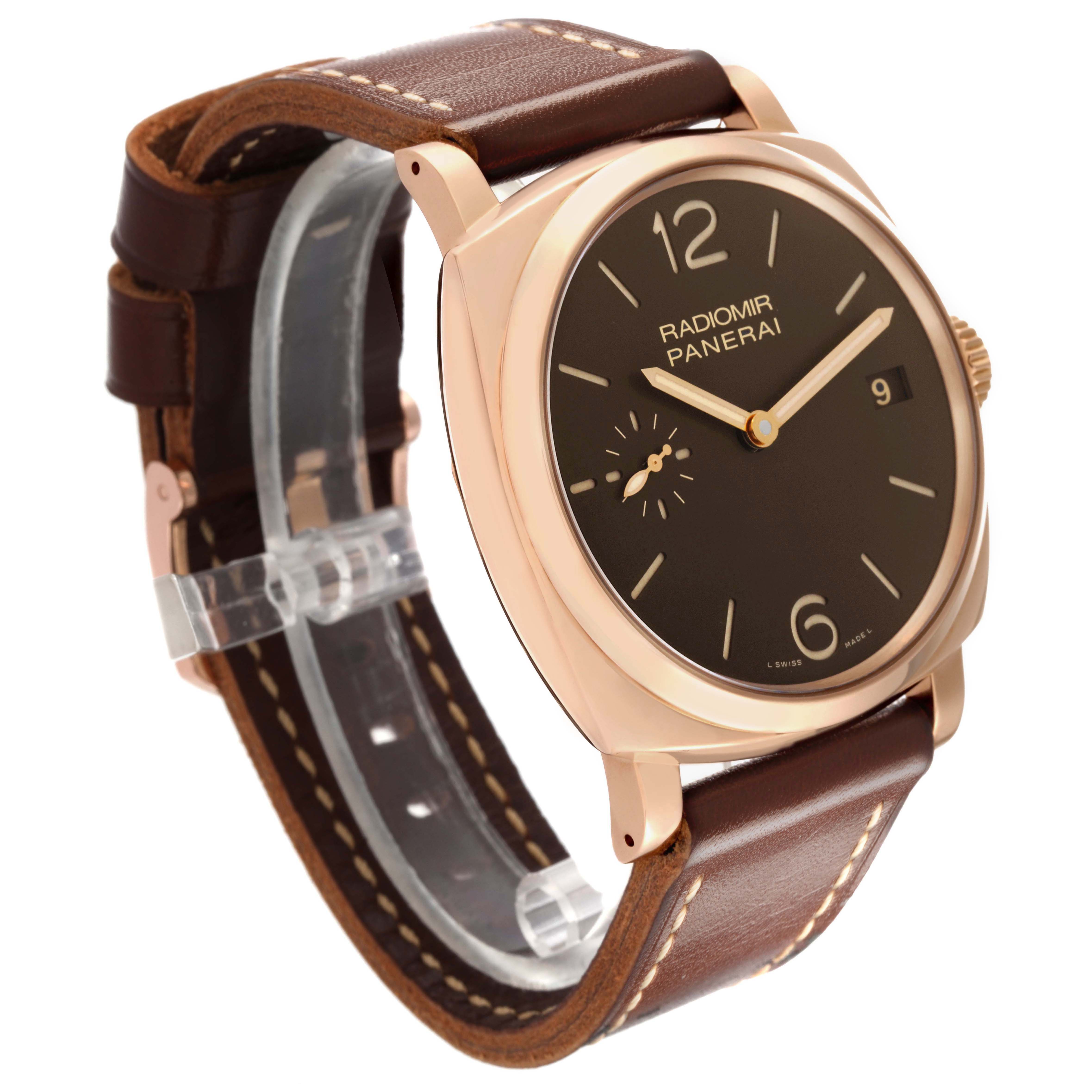 The Panerai Radiomir PAM00515 Men's Rose Gold Brown Dial watch is shown at a three-quarter angle, highlighting the dial, crown, and brown leather strap.