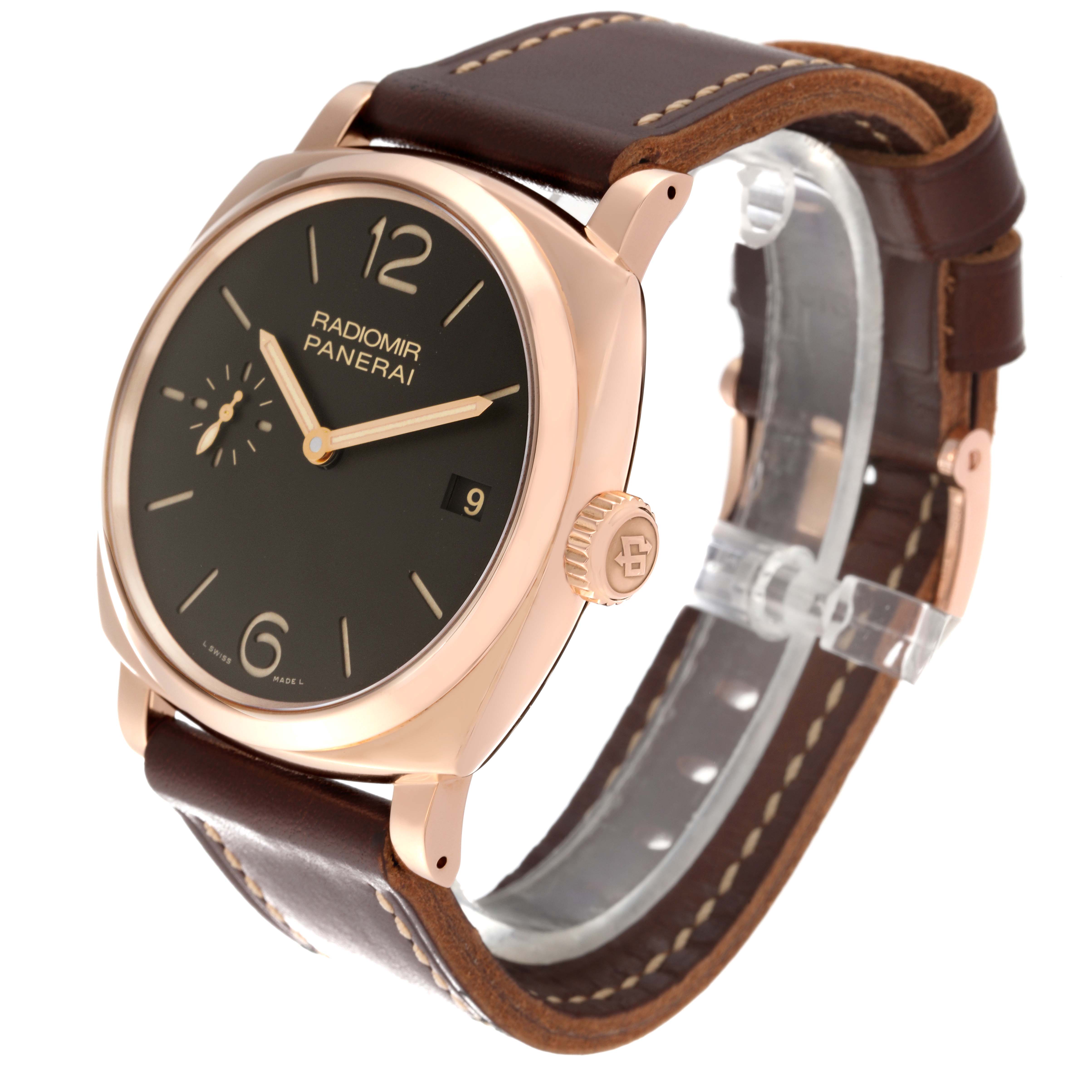 The image shows a Panerai Radiomir PAM00515 Men's Rose Gold Brown Dial PAM00515 Men's Rose Gold Brown Dial watch at a three-quarter view emphasizing its dial, bezel, crown, and brown leather strap.