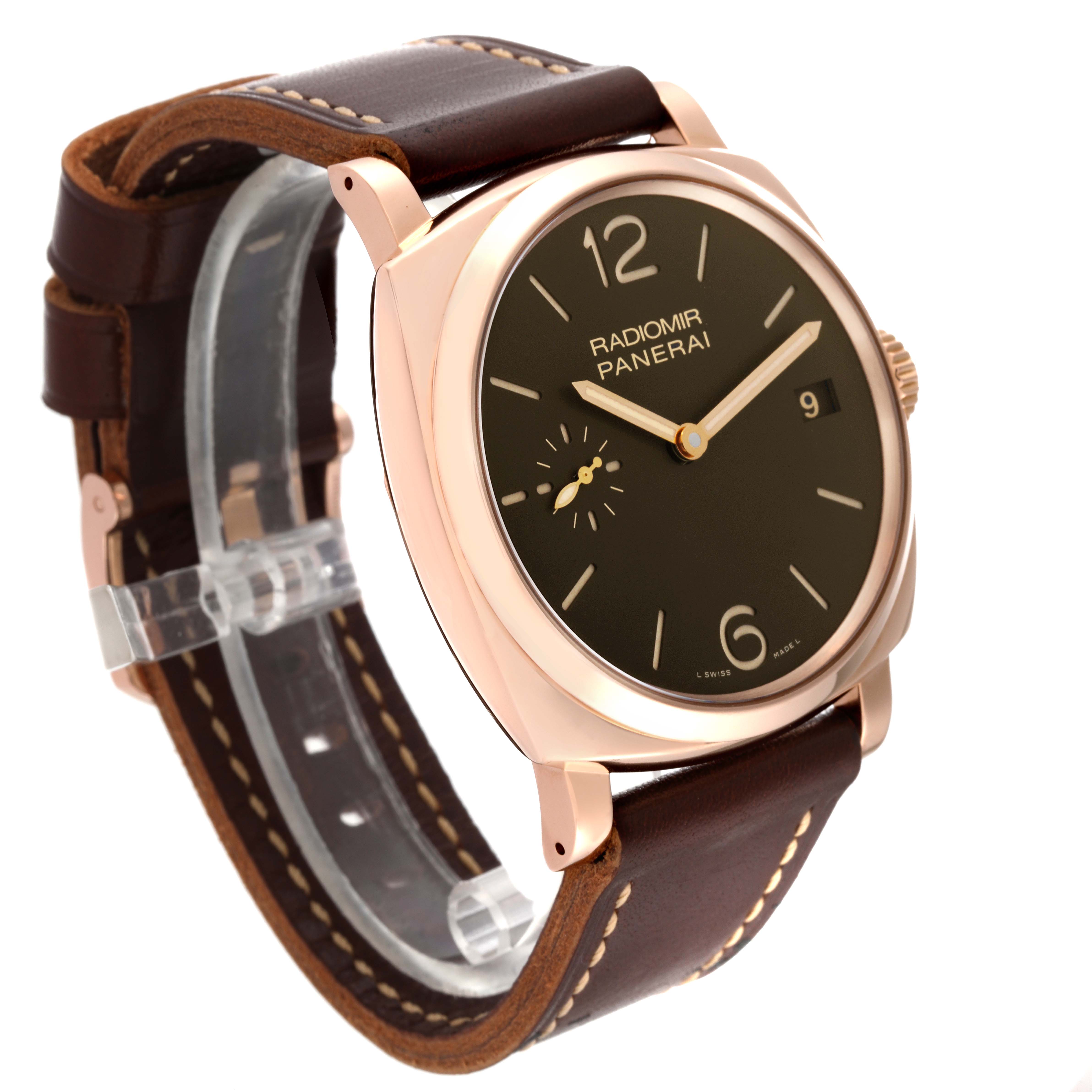 The image shows a Panerai Radiomir PAM00515 Men's Rose Gold Brown Dial PAM00515 Men's Rose Gold Brown Dial watch from a front-side angle, featuring a brown leather strap and rose gold case.