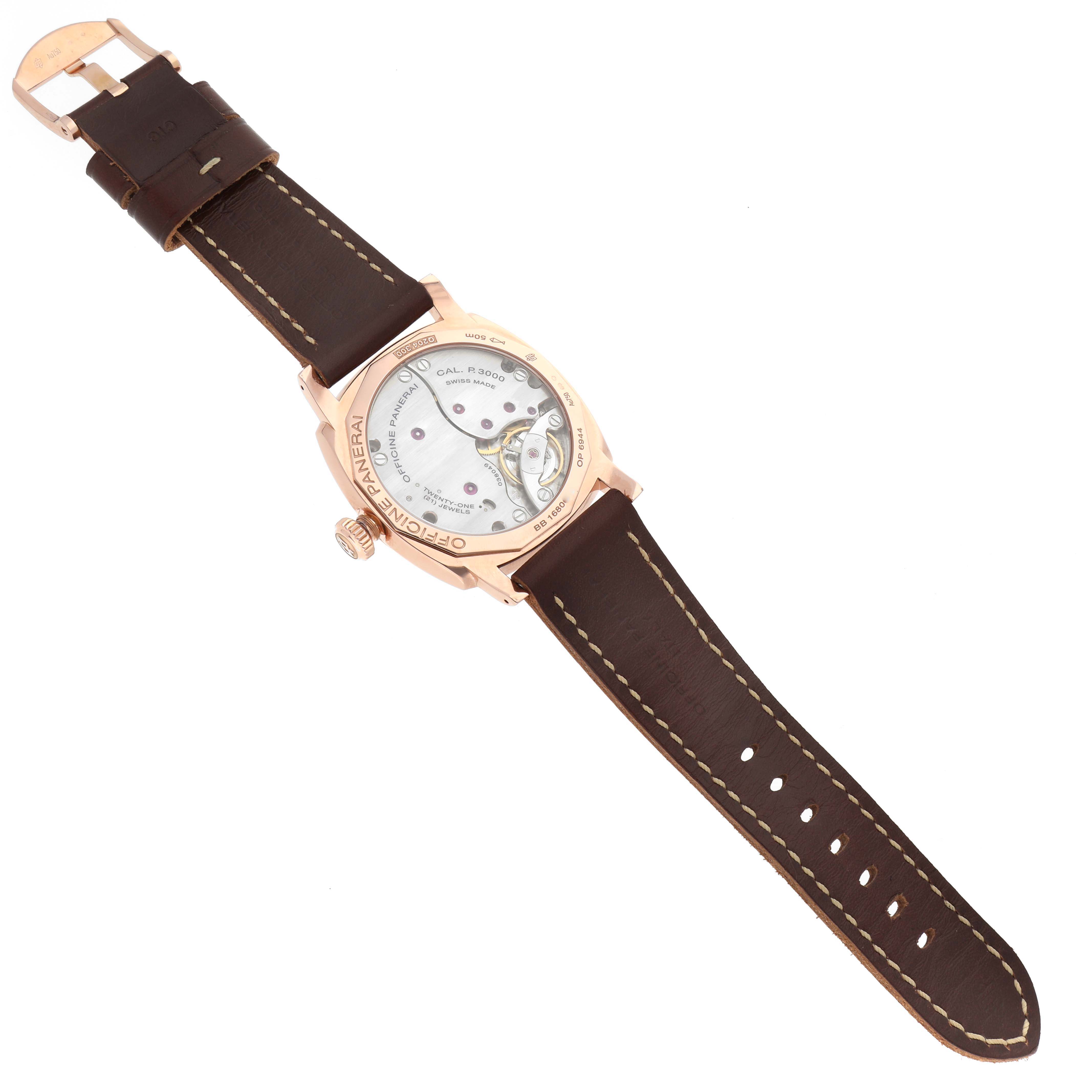 This image shows the back angle of the Panerai Radiomir PAM00515 Men's Rose Gold Brown Dial PAM00515 Men's Rose Gold Brown Dial watch, highlighting the movement mechanism and brown leather strap.