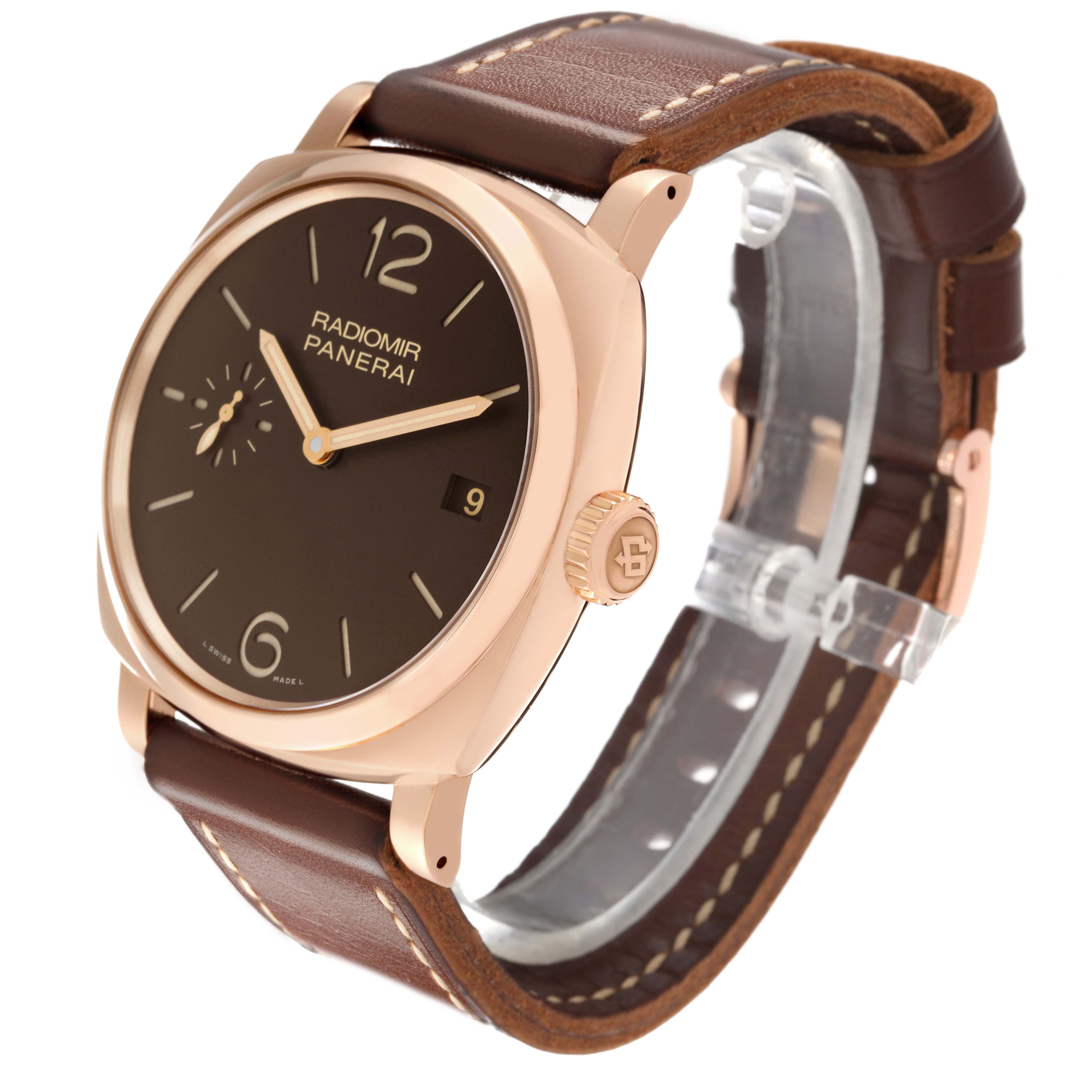 The Panerai Radiomir PAM00515 Men's Rose Gold Brown Dial watch is shown at a three-quarter angle, highlighting the face, crown, and leather strap.