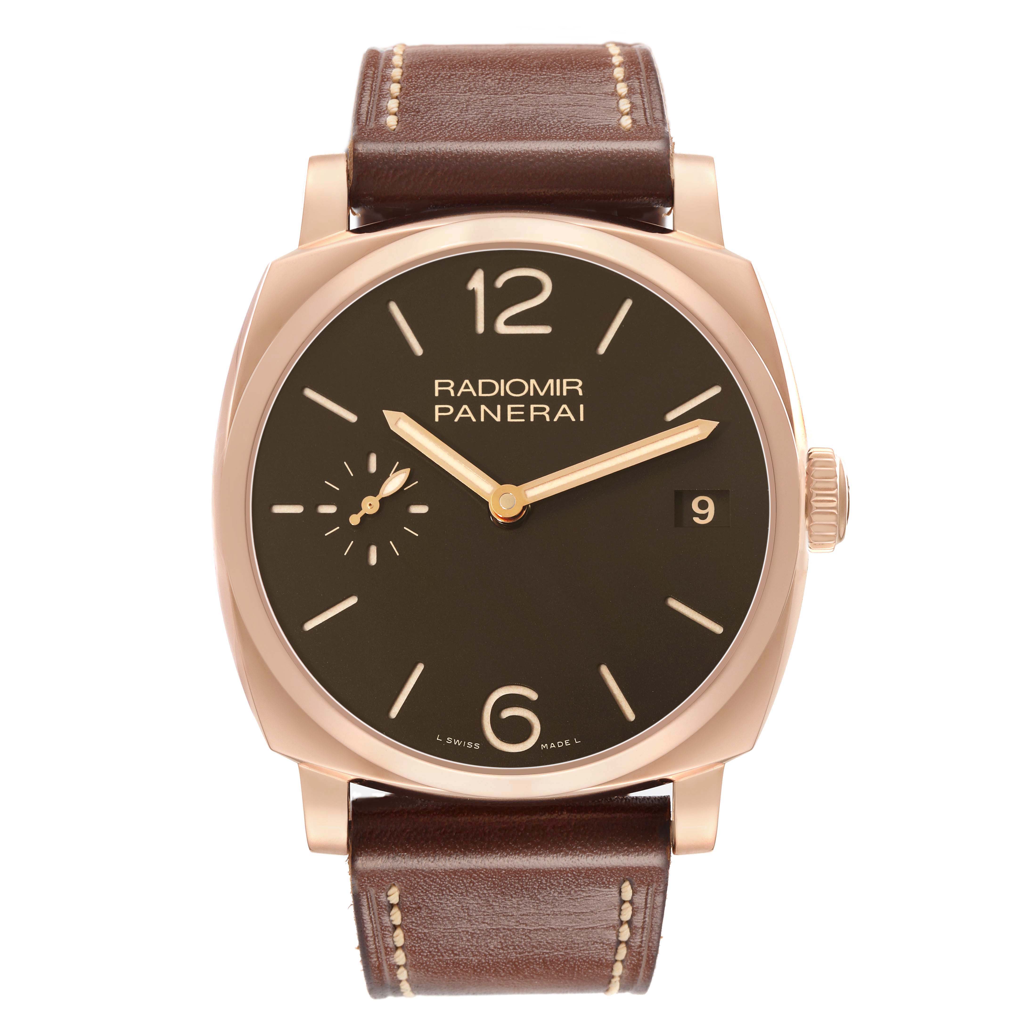 The Panerai Radiomir PAM00515 Men's Rose Gold Brown Dial watch is shown from a front view, highlighting the dial, case, crown, and leather strap.